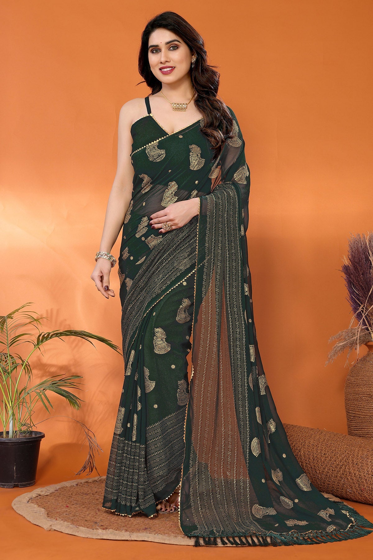 Buy Green Georgette Foil Work Saree for women by Aastha Fashion online available at scrollnshops