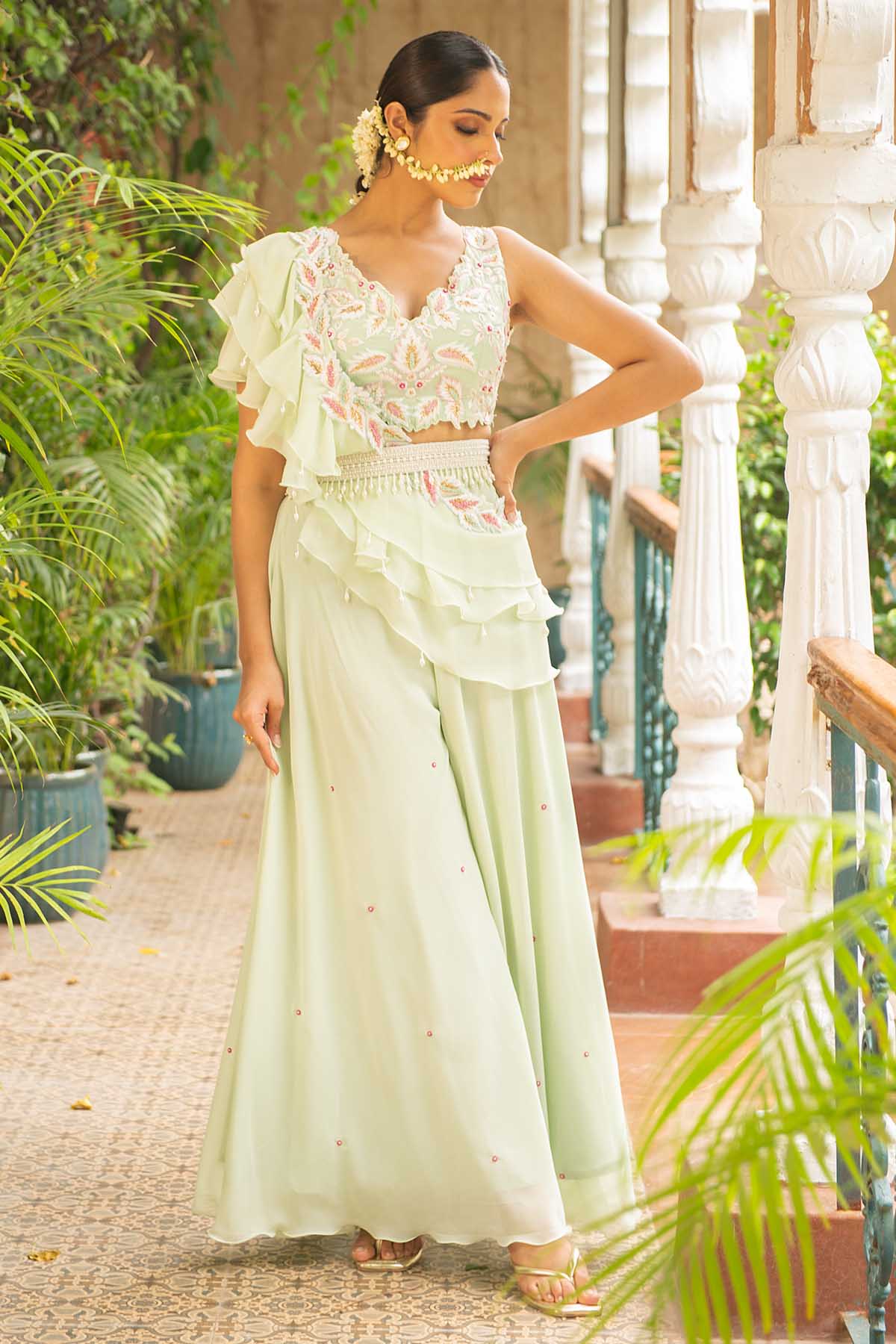 Buy Green Georgette Indo-Western Set Online