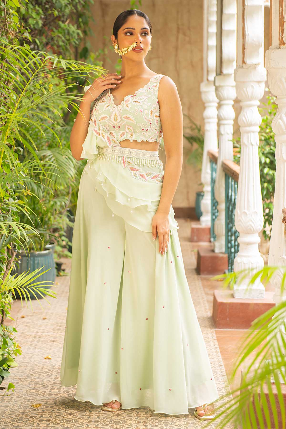 Green Georgette Indo-Western Set