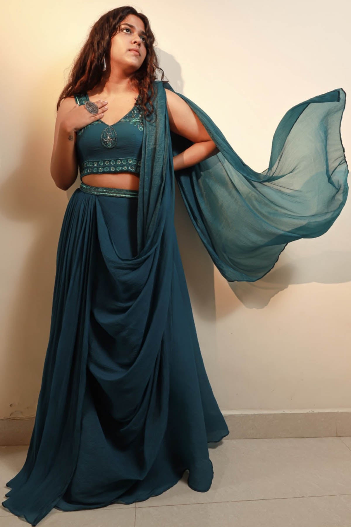 Green Georgette Pre-Drape Saree