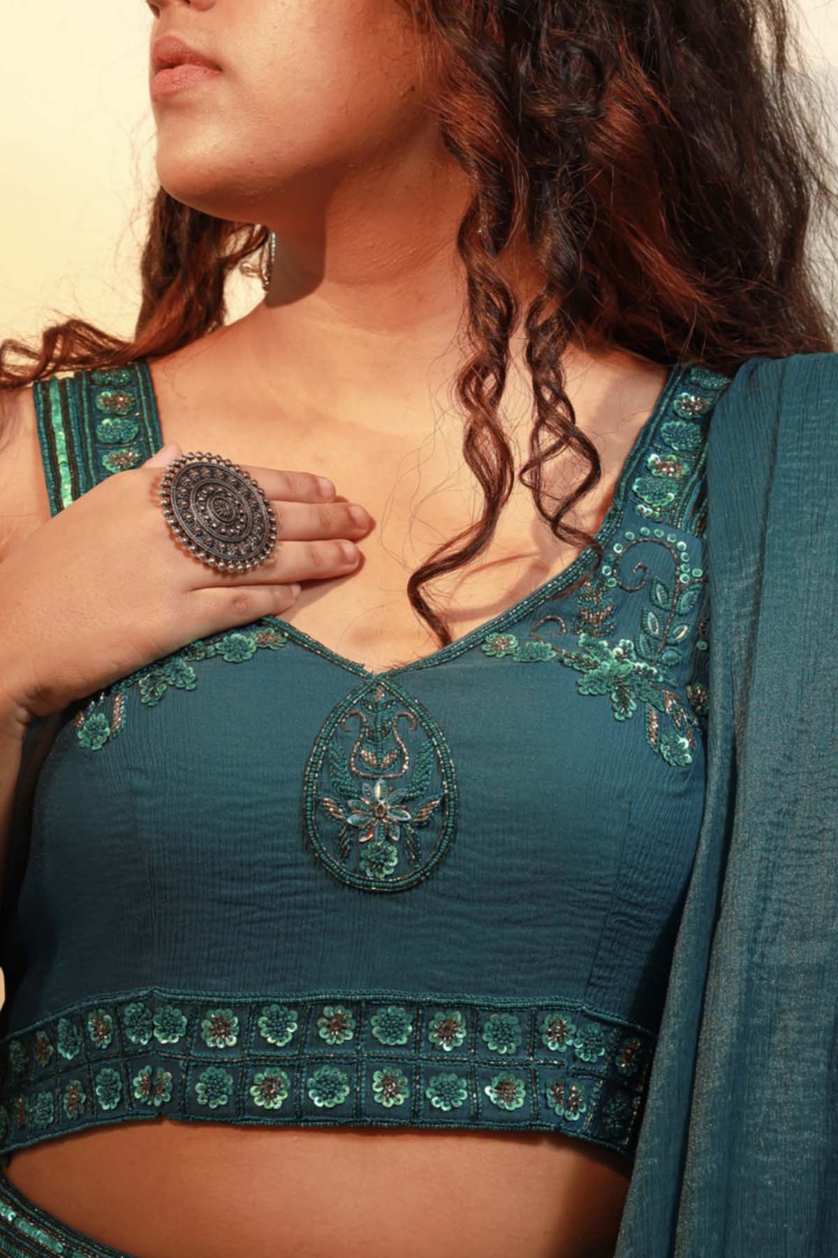 Green Georgette Pre-Drape Saree