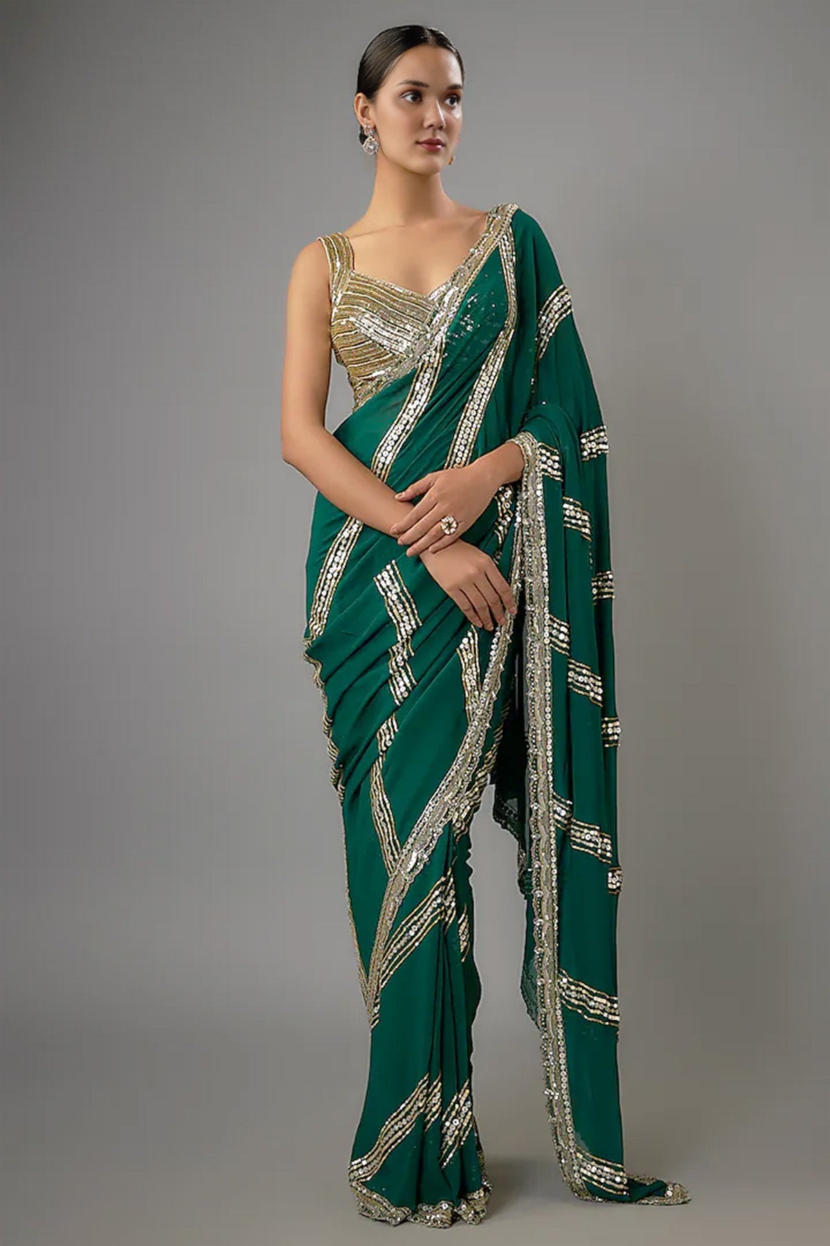 Buy Green Georgette Sequins Saree by Shlok Design for women online at ScrollnShops