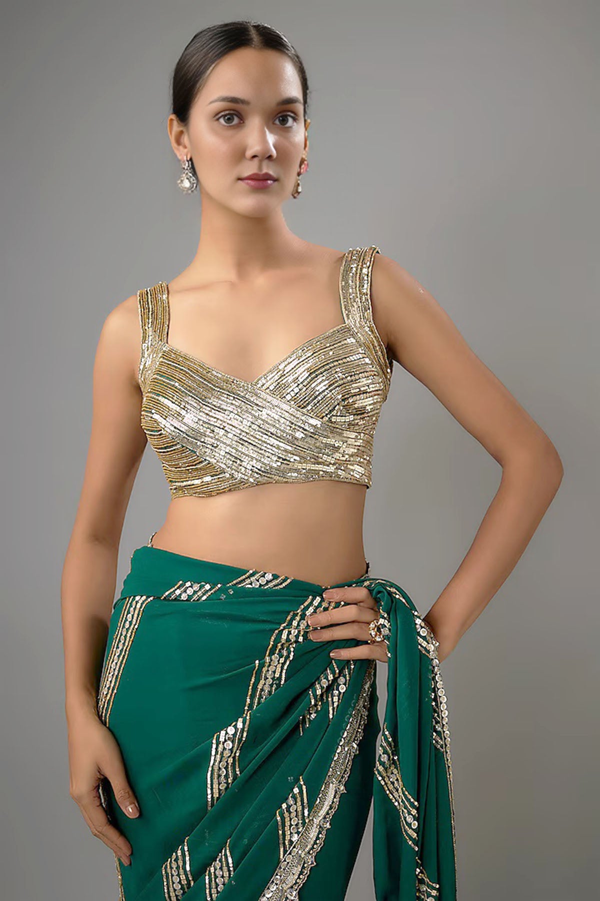 Green Georgette Sequins Saree