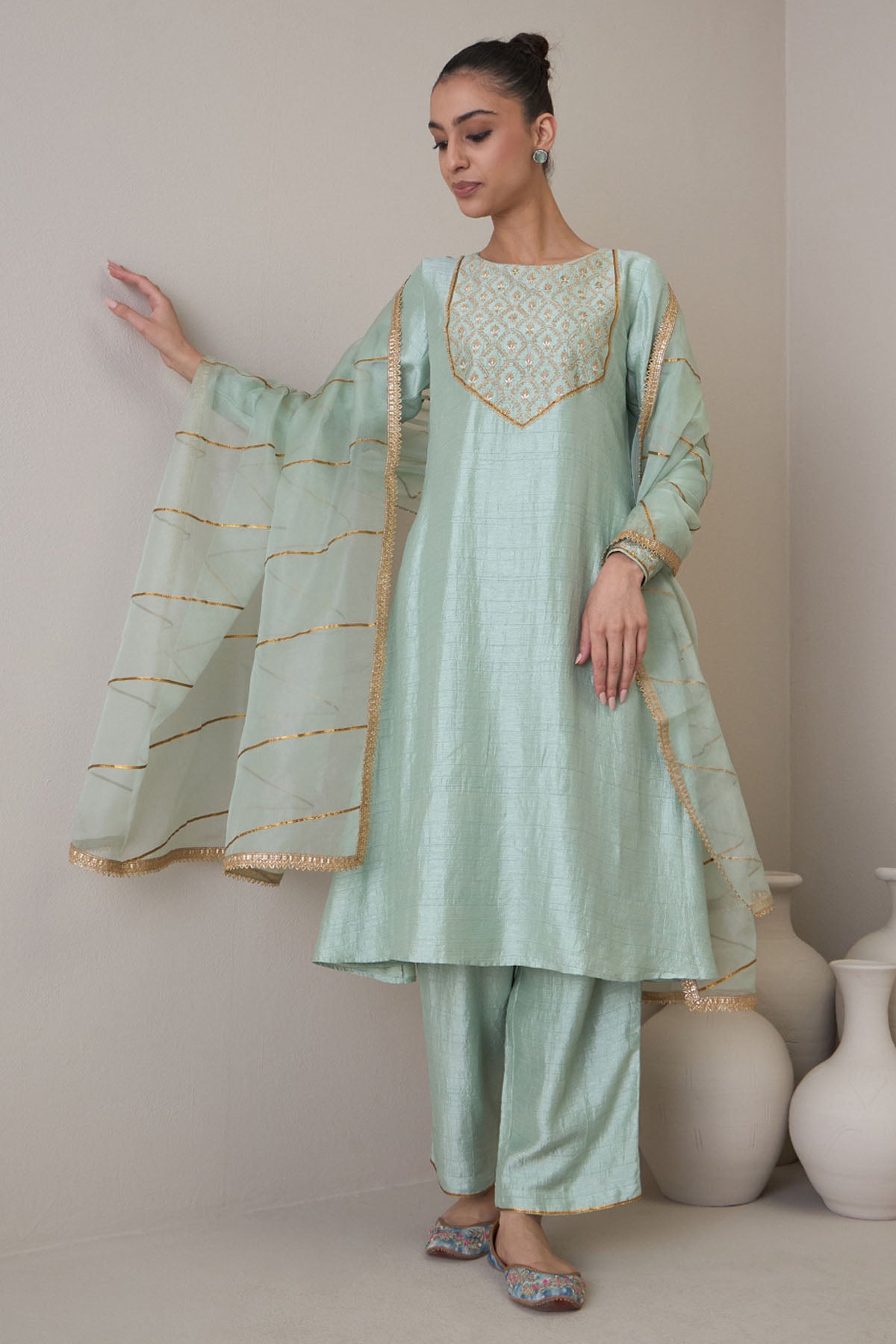 Green Gold Embroidered Kurta Set