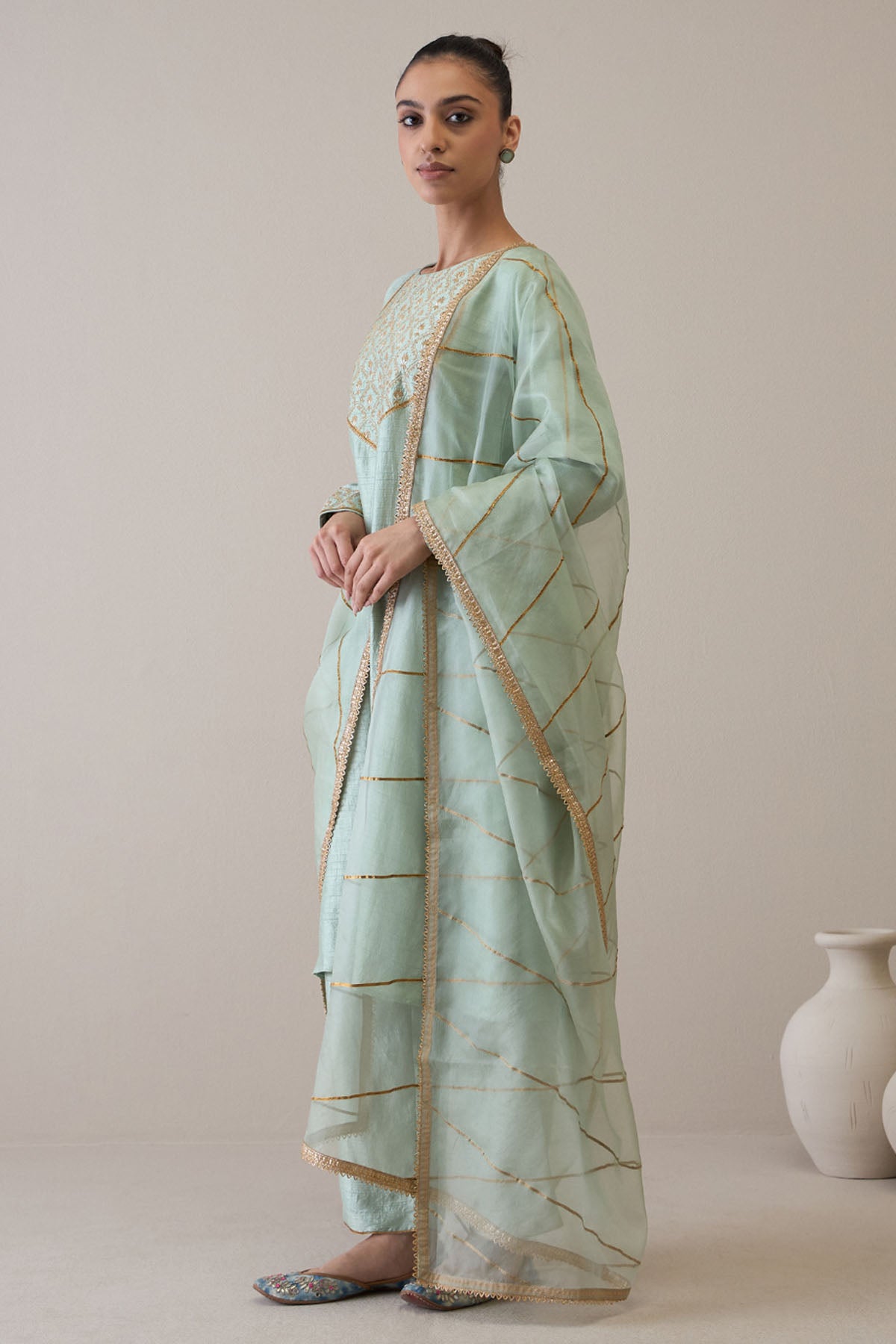 Green Gold Embroidered Kurta Set