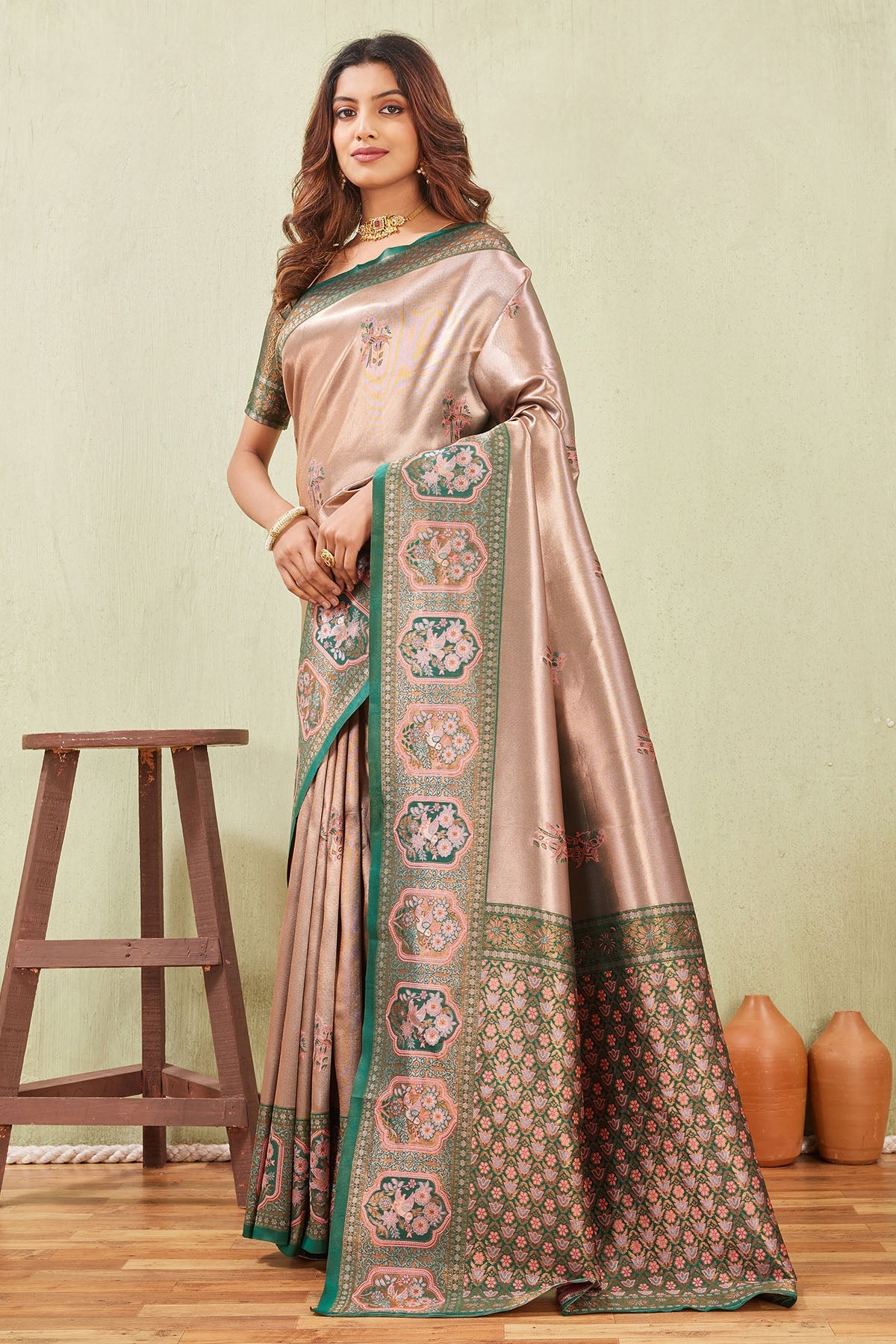 Buy Green Gold Floral Border Saree for women by Aastha Fashion online available at scrollnshops