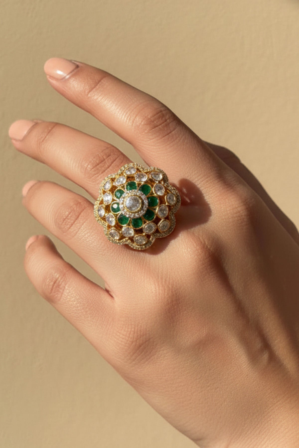 Buy Green Gold Plating Polki Ring for women by Sica online available at scrollnshops