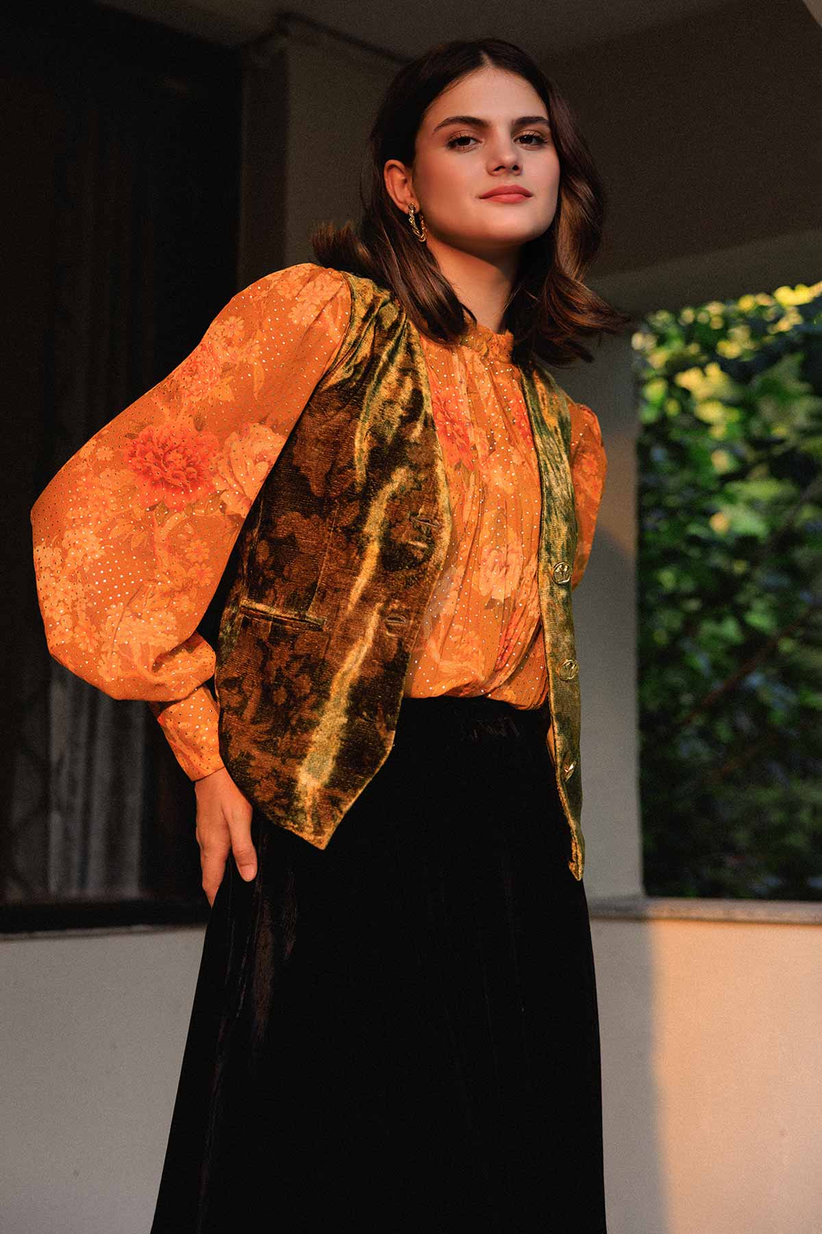 Buy Green & Gold Printed Waistcoat for women by Reena Sharma online available at scrollnshops