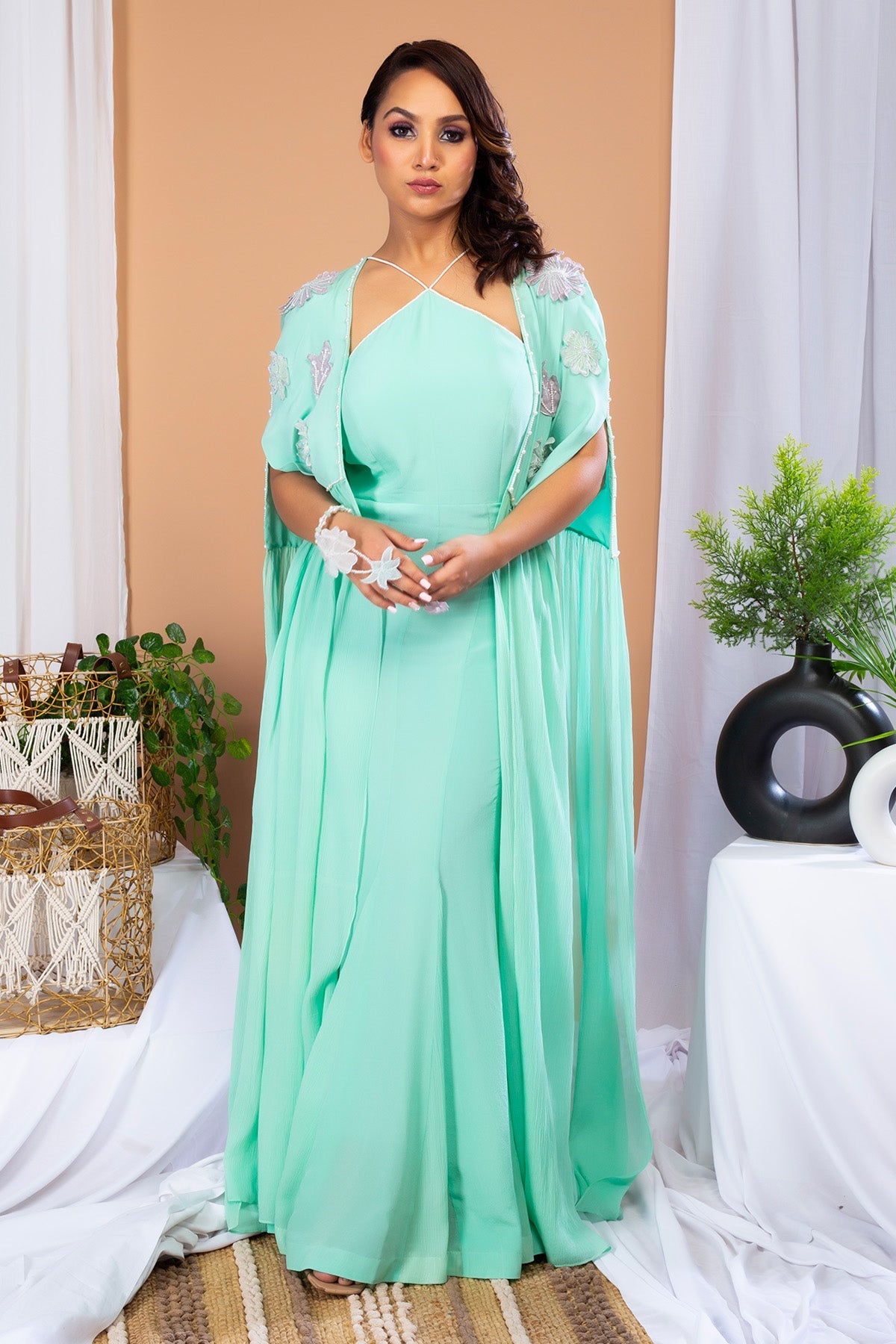 Buy Green Halter Neck Gown & Cape by Payal Dawar for women online at ScrollnShops