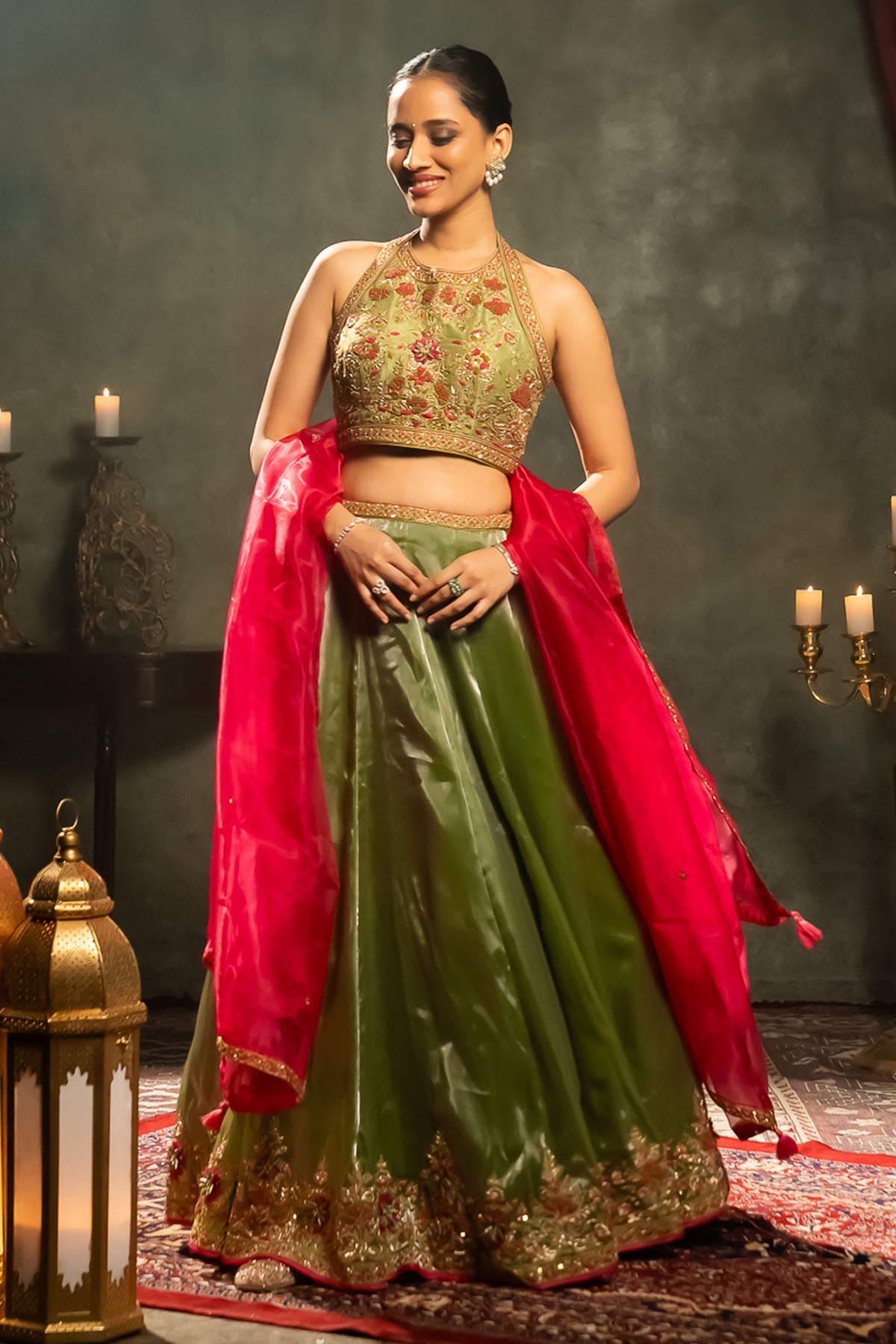 Buy Green Halter Neck Lehenga Set by Aavya for women online at ScrollnShops