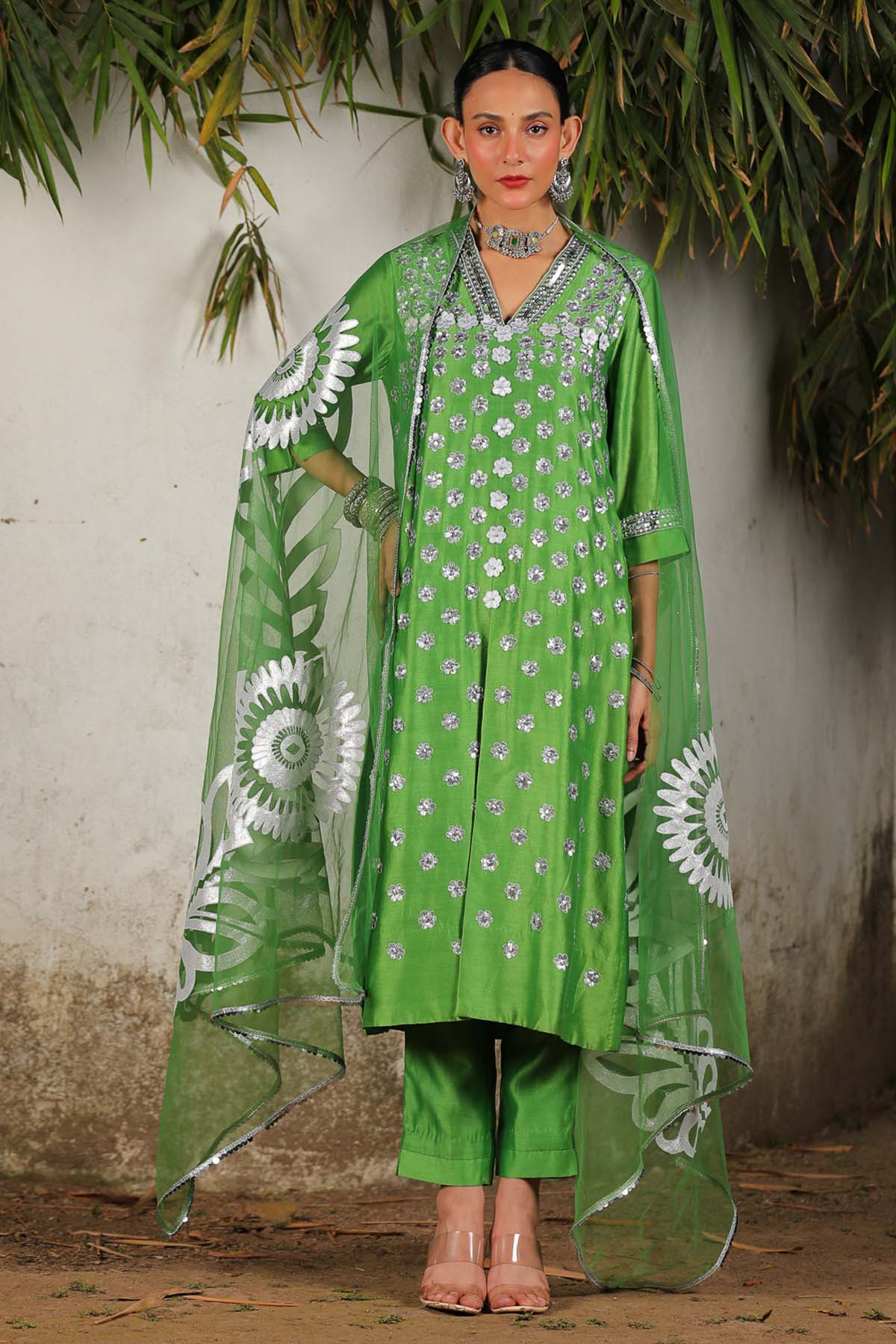 Green Hand Embroidered Kurta Set