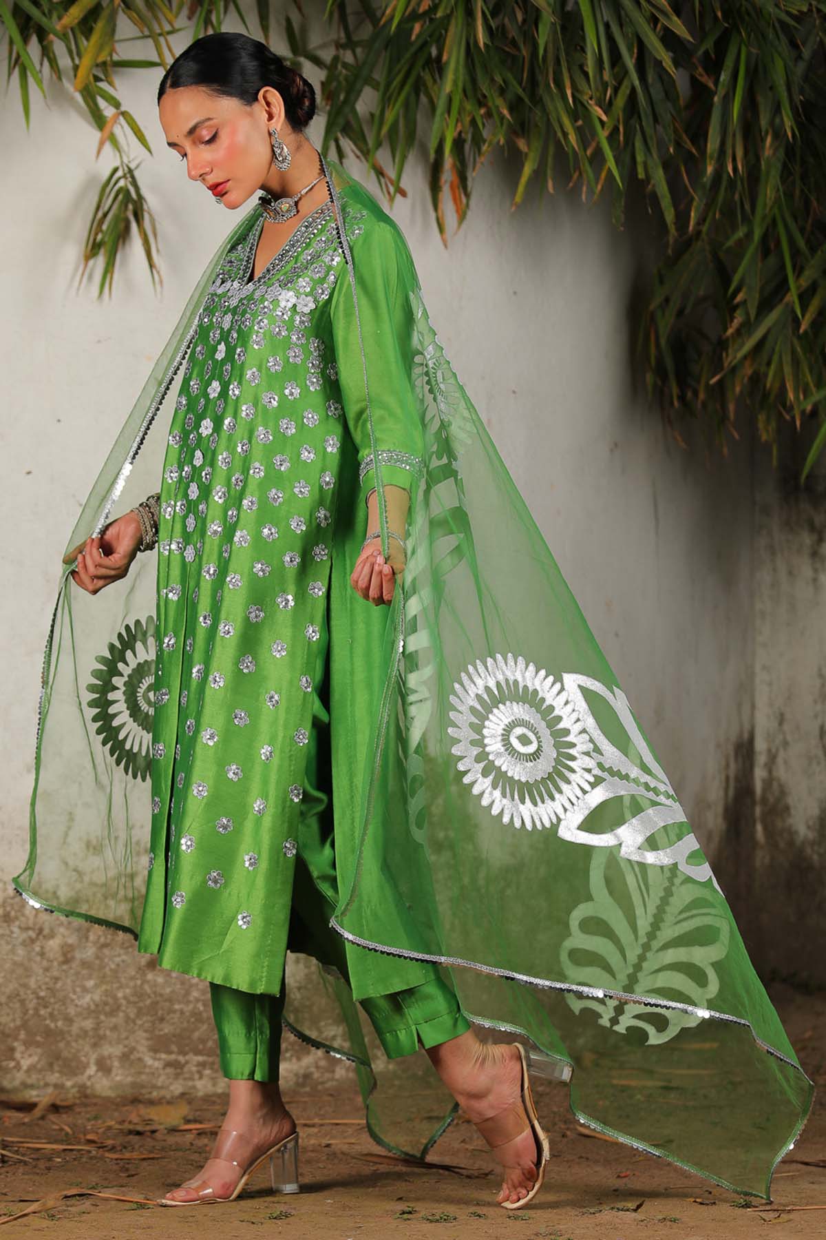 Green Hand Embroidered Kurta Set