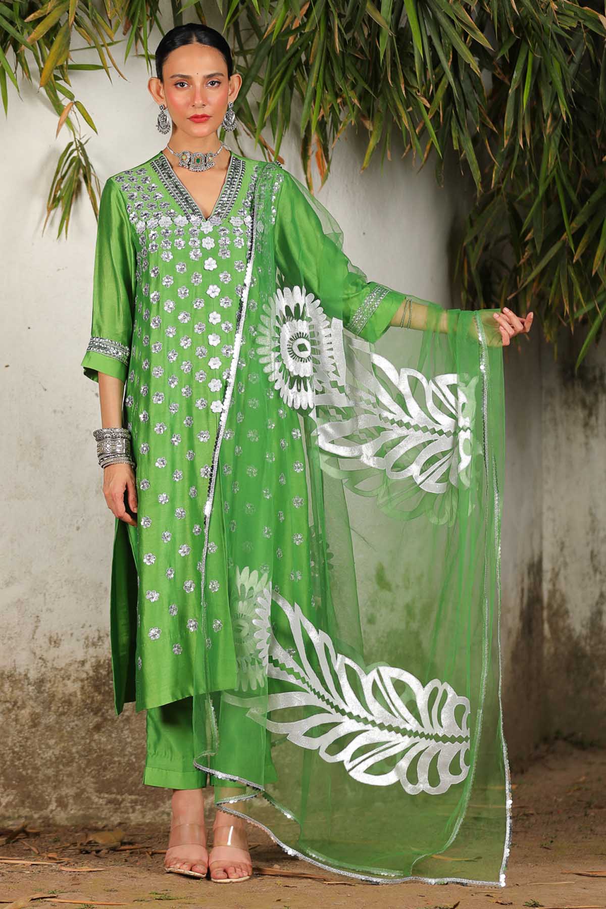Saksham Neharicka Green Hand Embroidered Kurta Set for women online at ScrollnShops