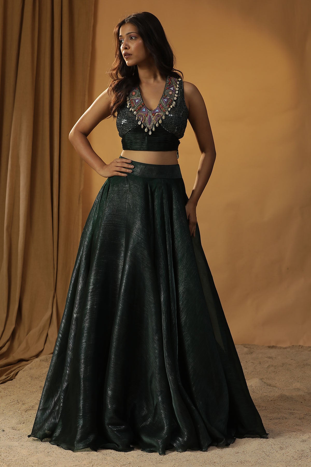 Green Hand Work Lehenga Set