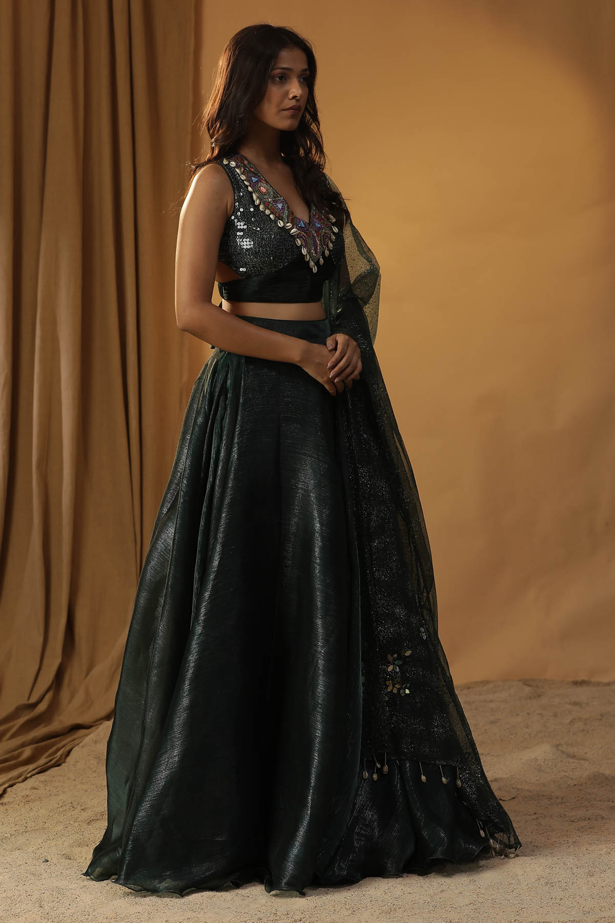 Green Hand Work Lehenga Set