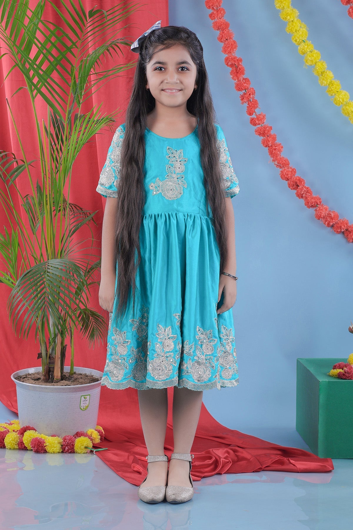 Buy Green Heavy Embroidered Dress by Little Brats for Girls online at ScrollnShops
