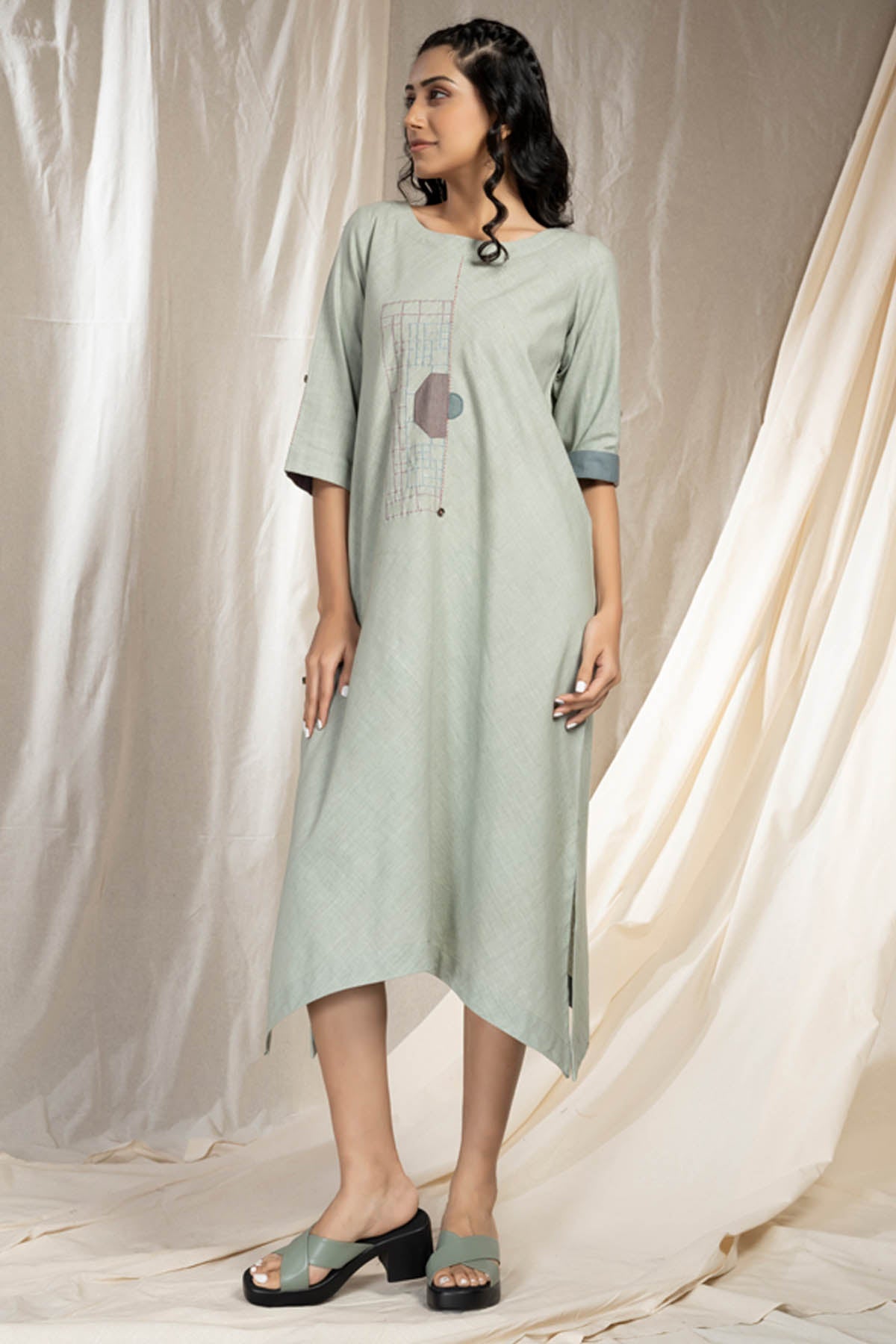 Thread Game Green Khadi Asymmetrical Dress for women online at ScrollnShops