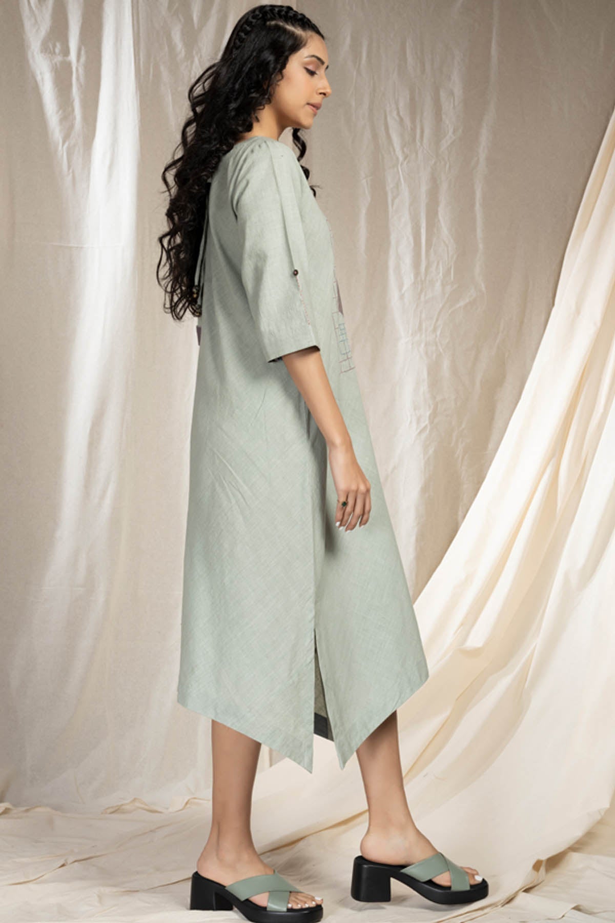 Green handwoven Cotton Asymmetrical Dress