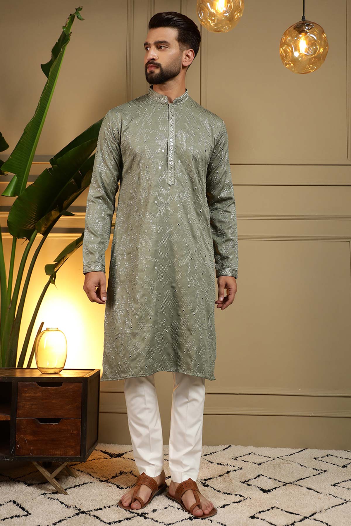 Buy Green Khadi Mirror Kurta & Pant for men by Jyoti Fashion online available at scrollnshops