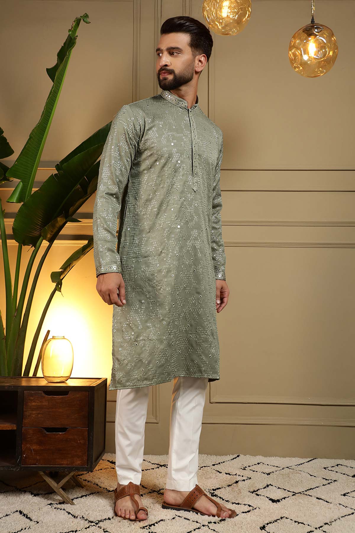 Green Khadi Mirror Kurta & Pant