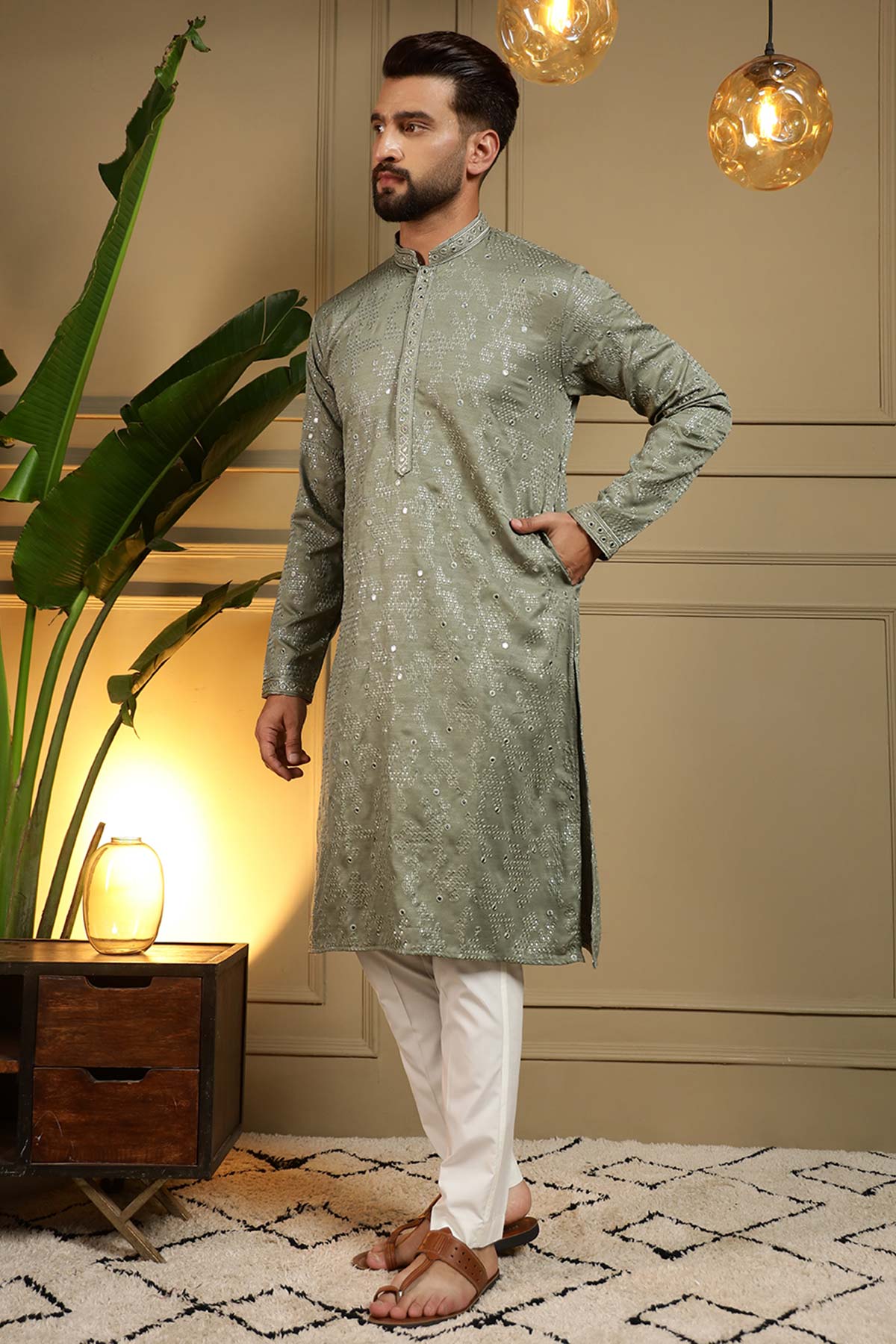 Green Khadi Mirror Kurta & Pant