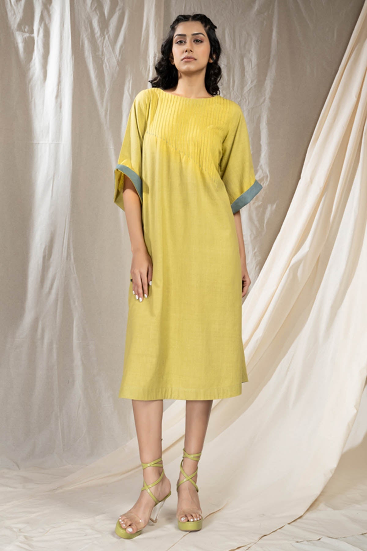 Thread Game Green Handwoven Cotton Pintuck Midi Dress for women online at ScrollnShops