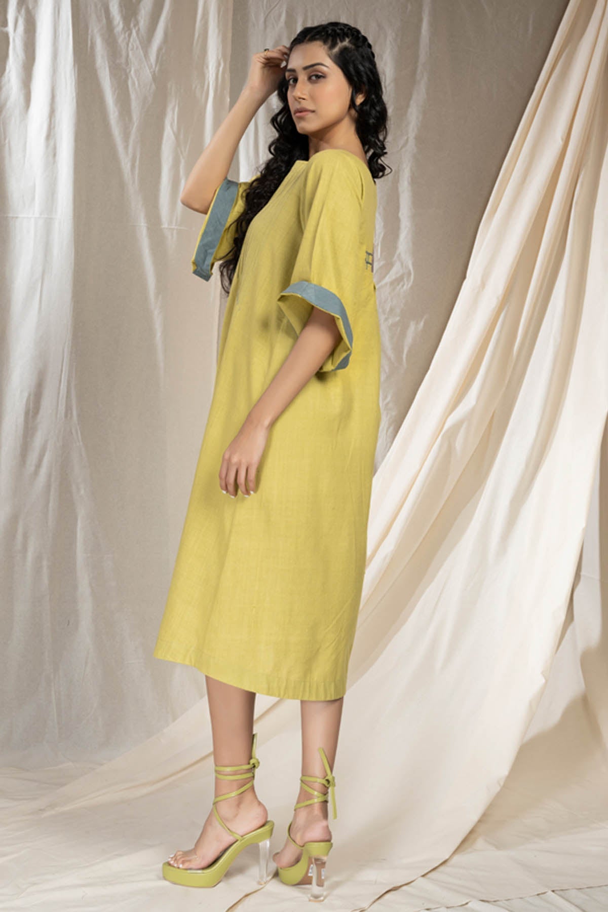 Green handwoven Cotton Pintuck Midi Dress