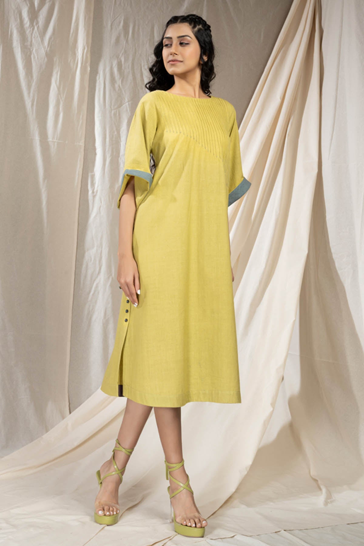 Green handwoven Cotton Pintuck Midi Dress