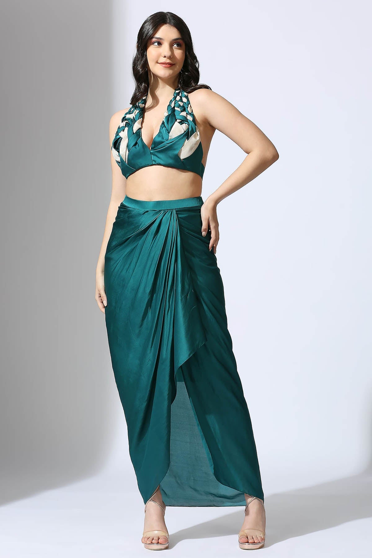 Buy Green Knot Blouse & Drape Skirt by Masumi Mewawalla for women online at ScrollnShops