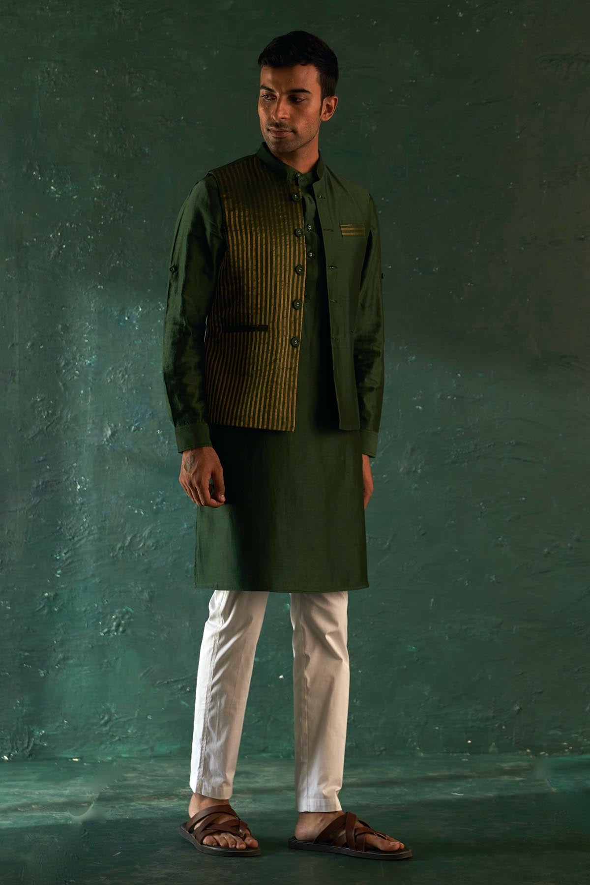 Buy Green Kurta Set & Nehru Jacket by Charkhee for men online at ScrollnShops