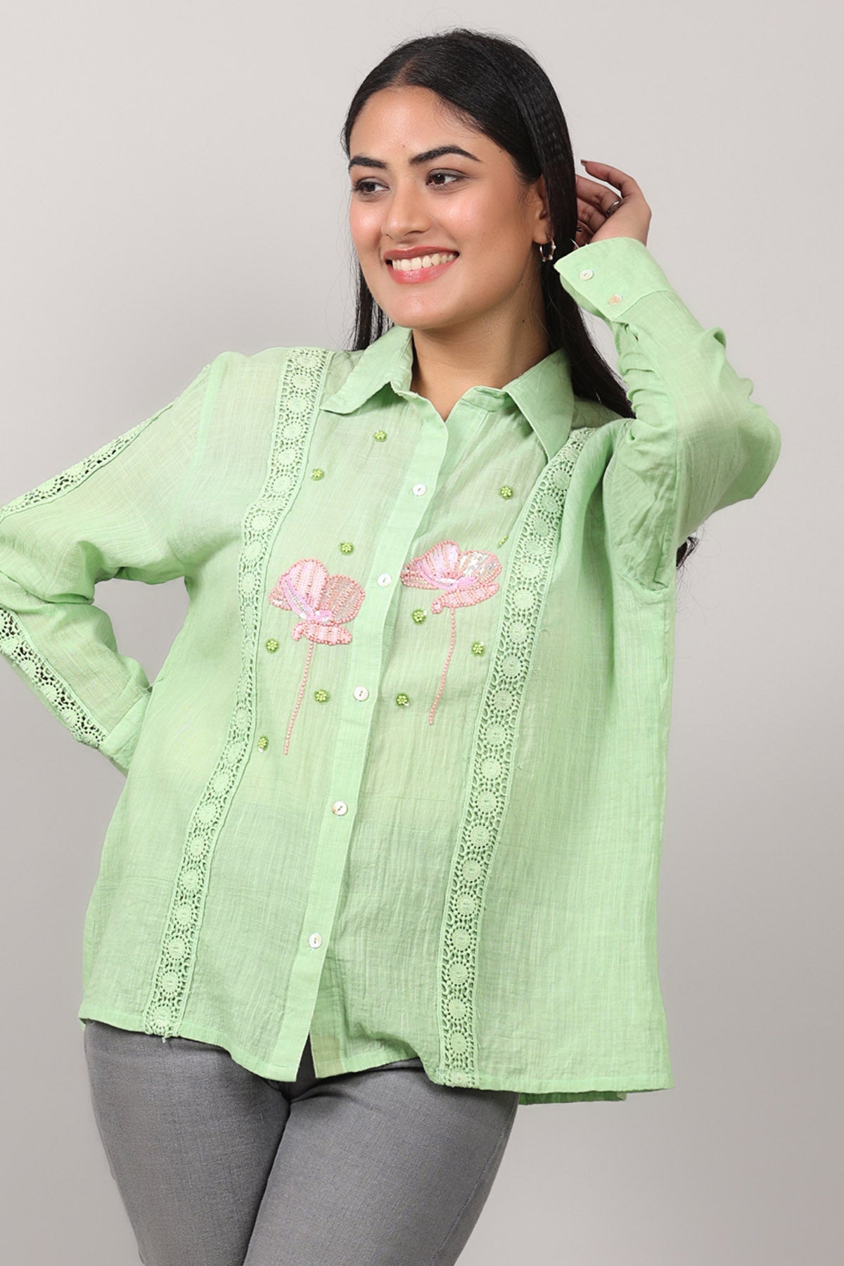 Buy Green Lace Embroidered Shirt by OSKOS for women online at ScrollnShops