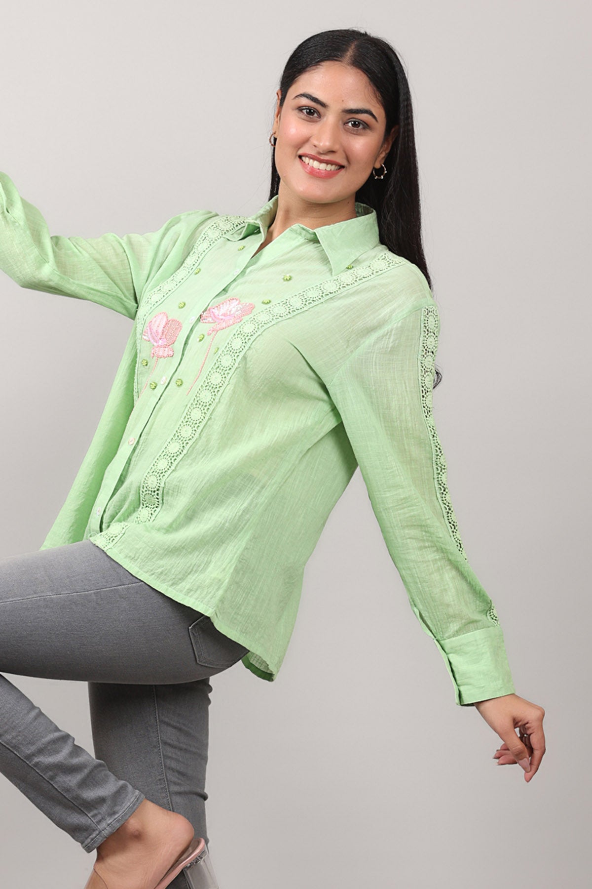 Green Lace Embroidered Shirt