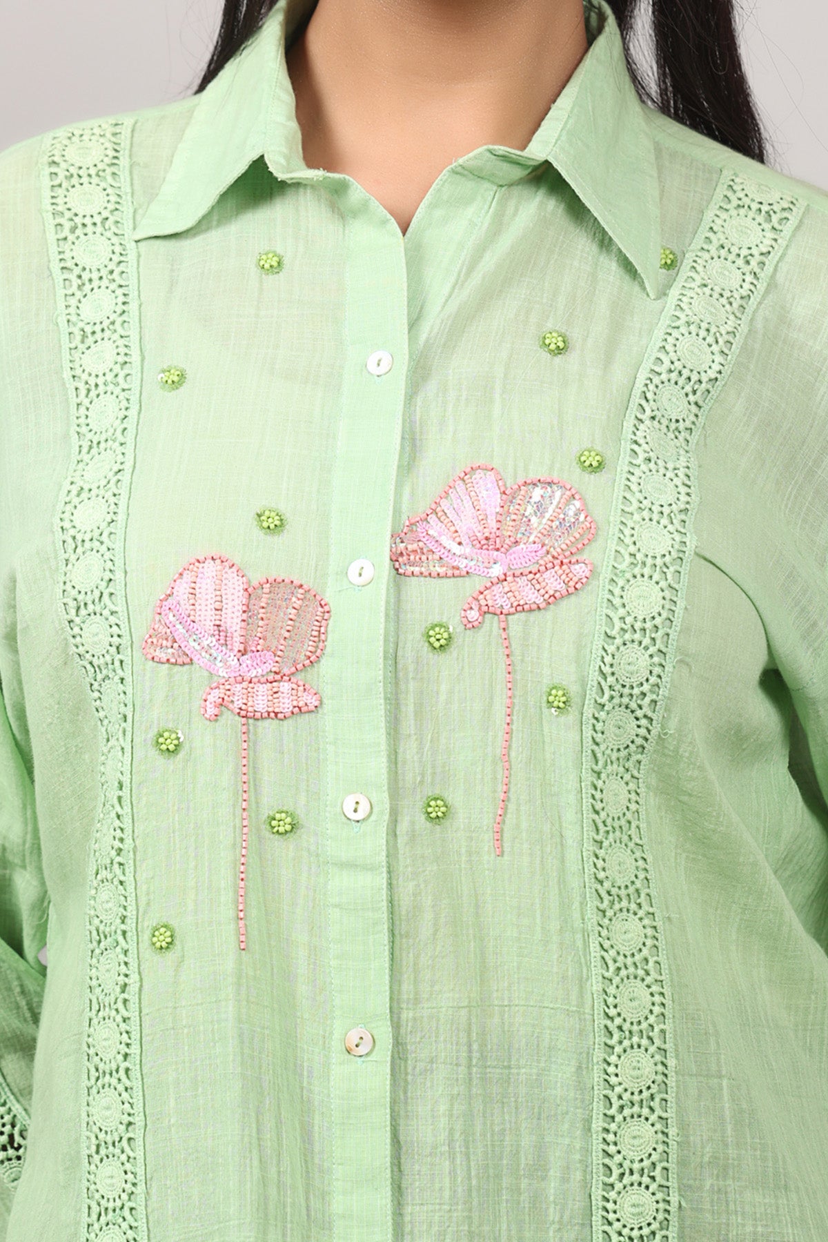 Green Lace Embroidered Shirt