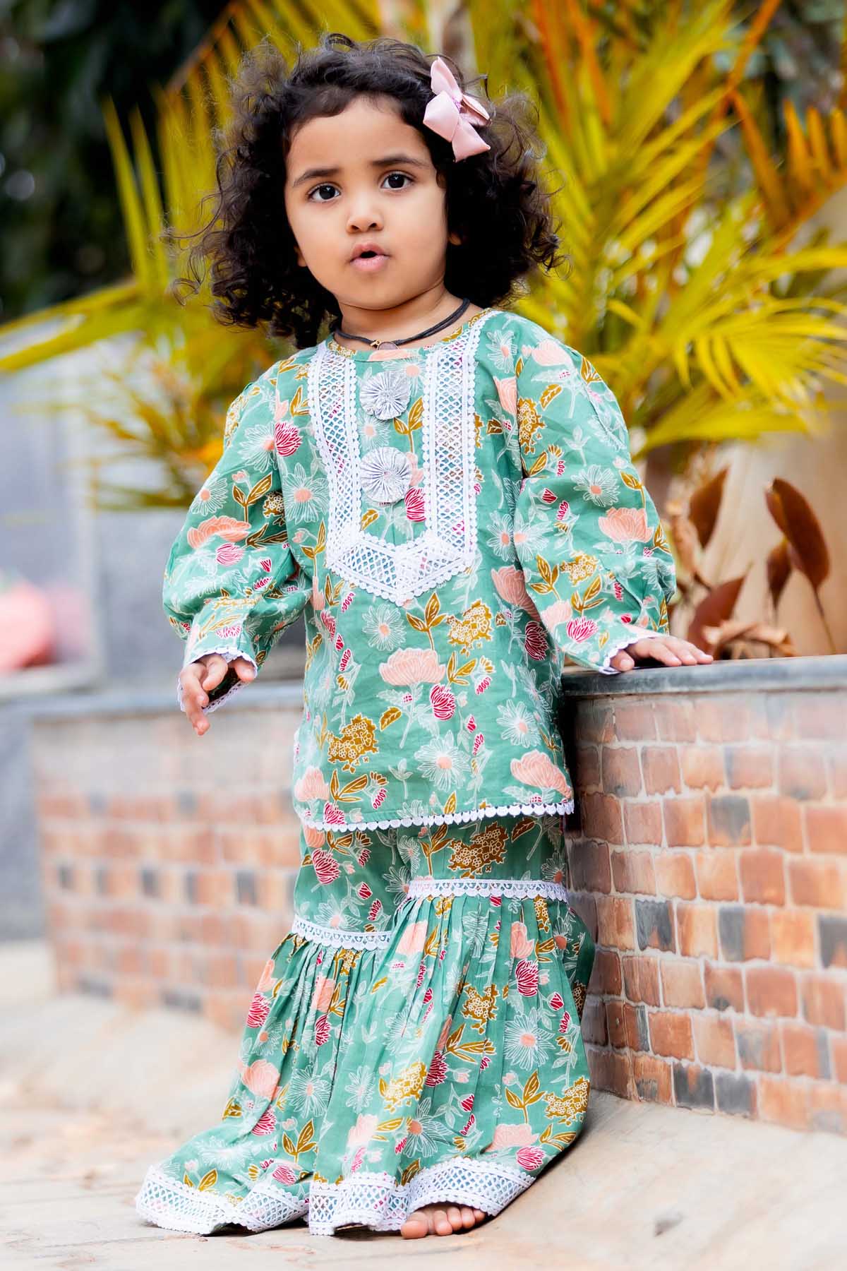 Designer Mamma's Bear Green Lace Kurta Sharara Set For Kids (Boys & Girls) Available online at ScrollnShops