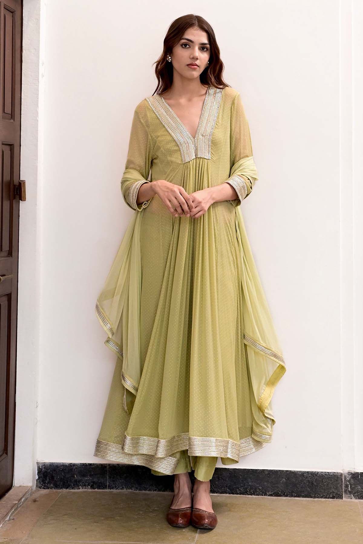 Taro India Green Lace V-Neck Kurta Set for women online at ScrollnShops