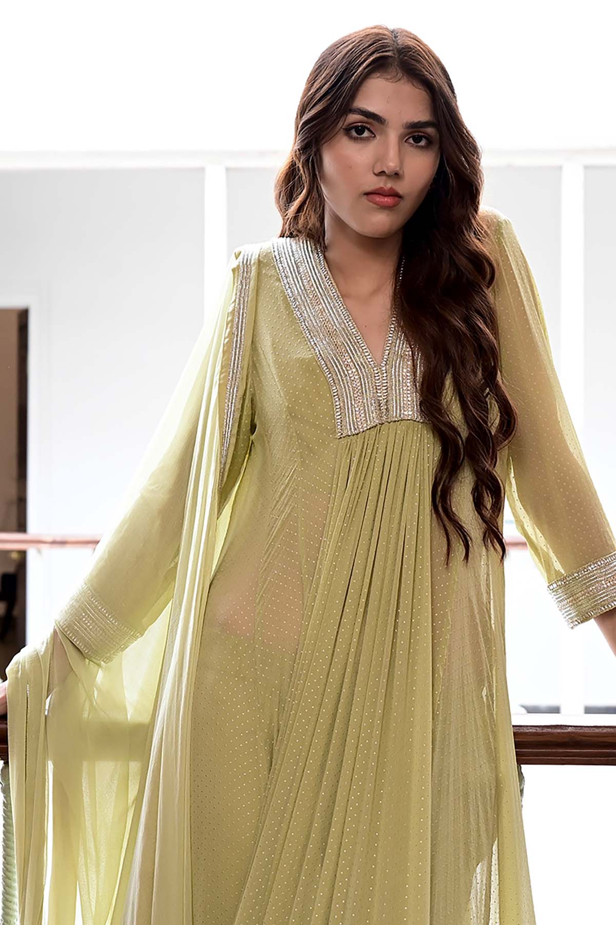 Green Lace V-Neck Kurta Set