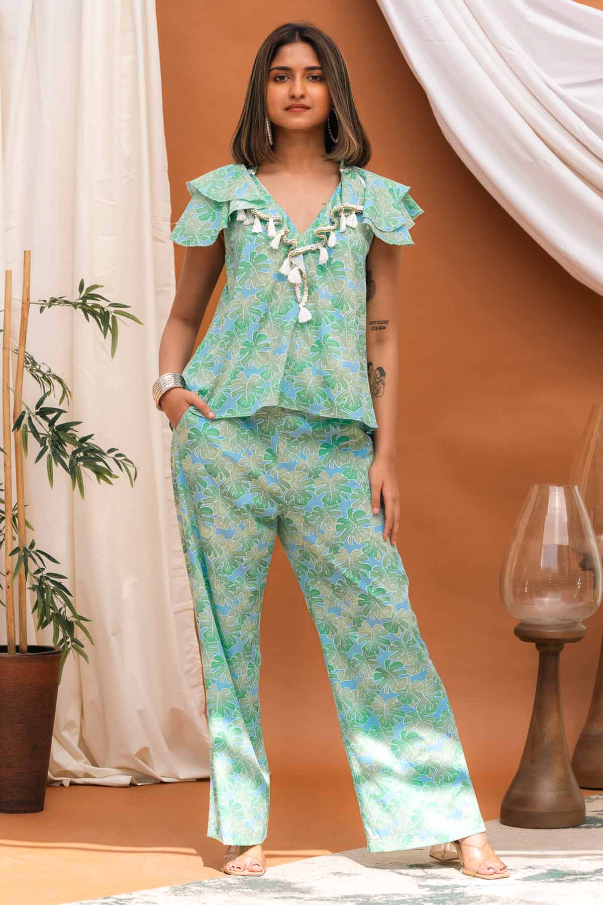 Svamsa Green Leaf Printed Co-ord Set for women online at ScrollnShops