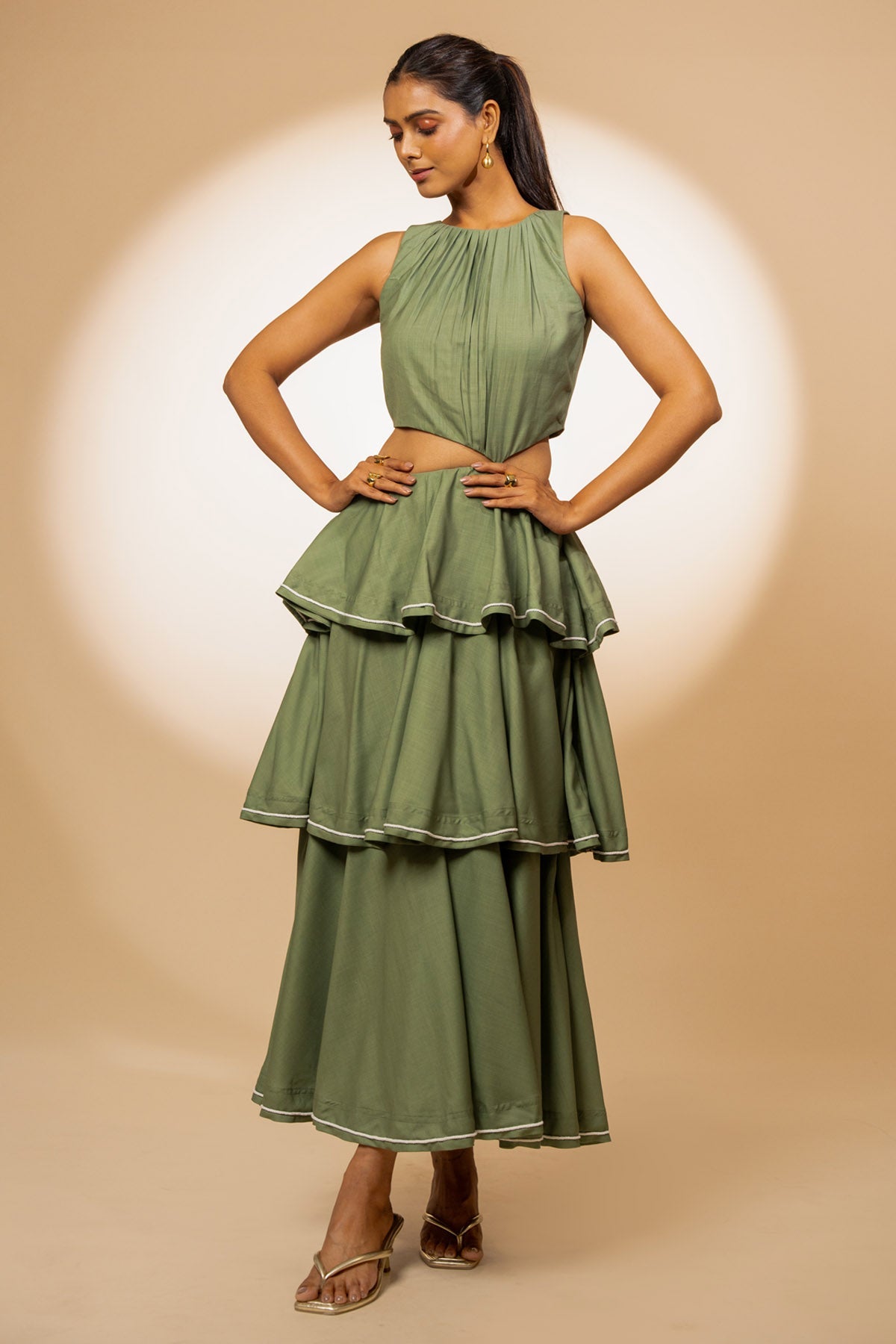 The Decem Ally Green Linen Layered Maxi Dress for Women online available at scrollnshops