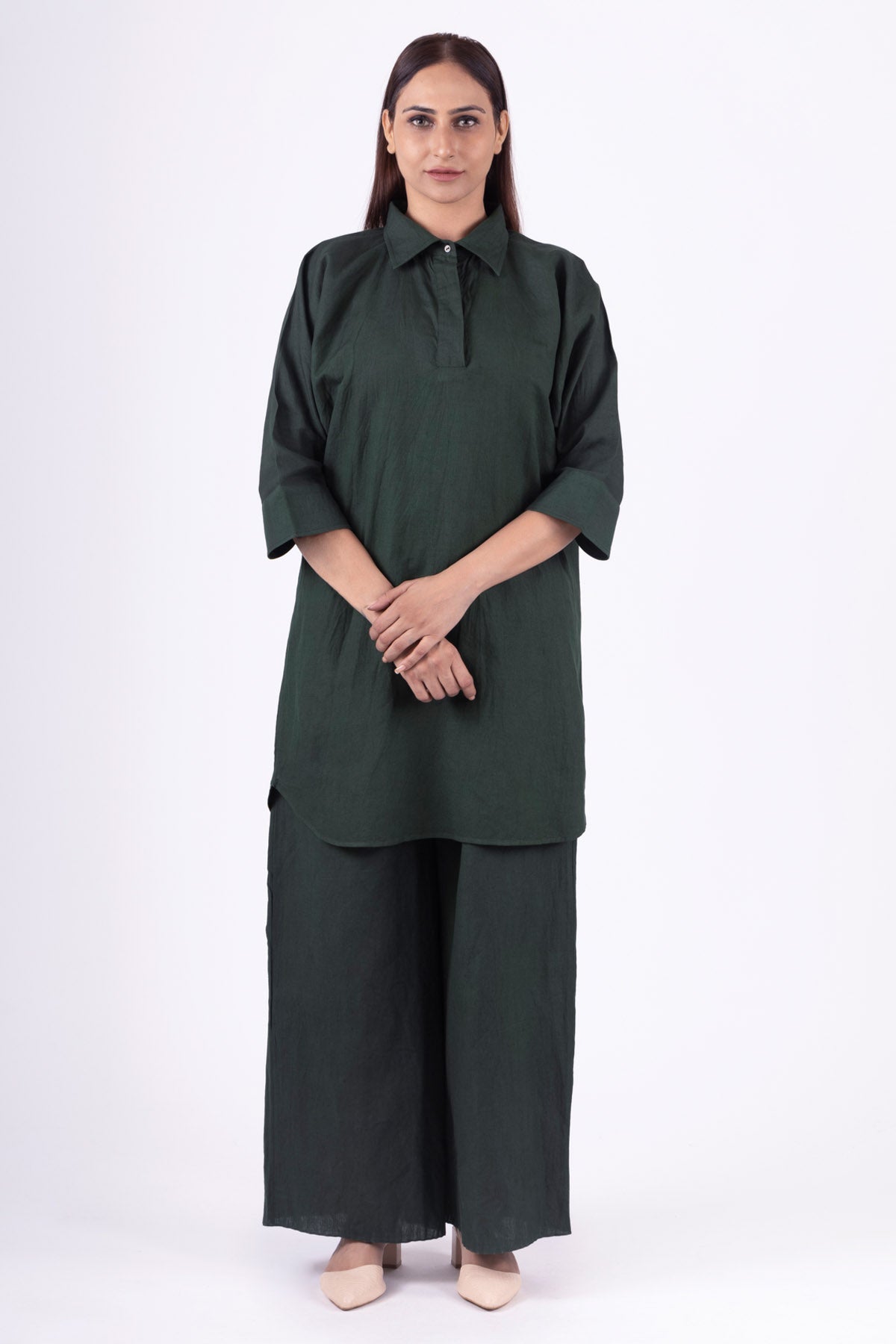 Khat Clothing Green Linen Long Shirt & Pants for women online at ScrollnShops