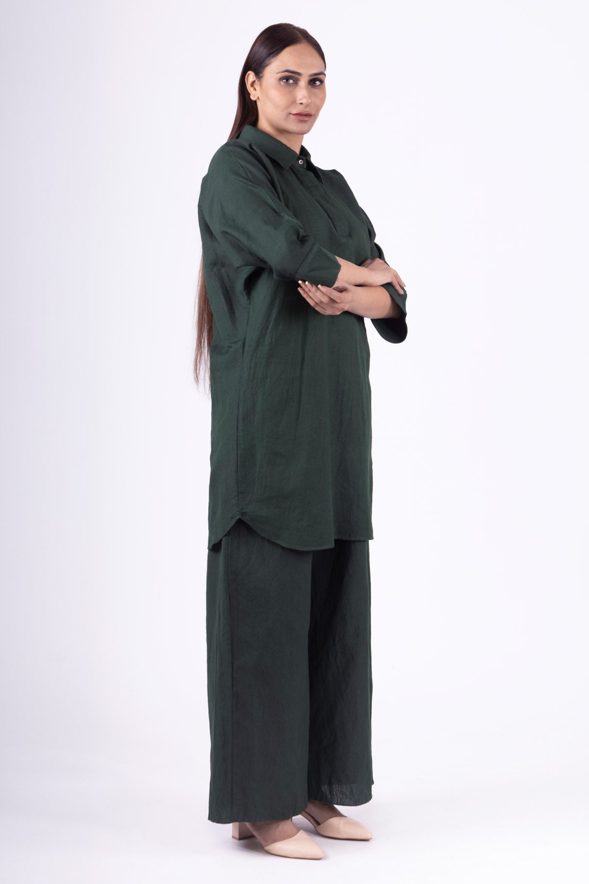 Green Linen Long Shirt & Pants