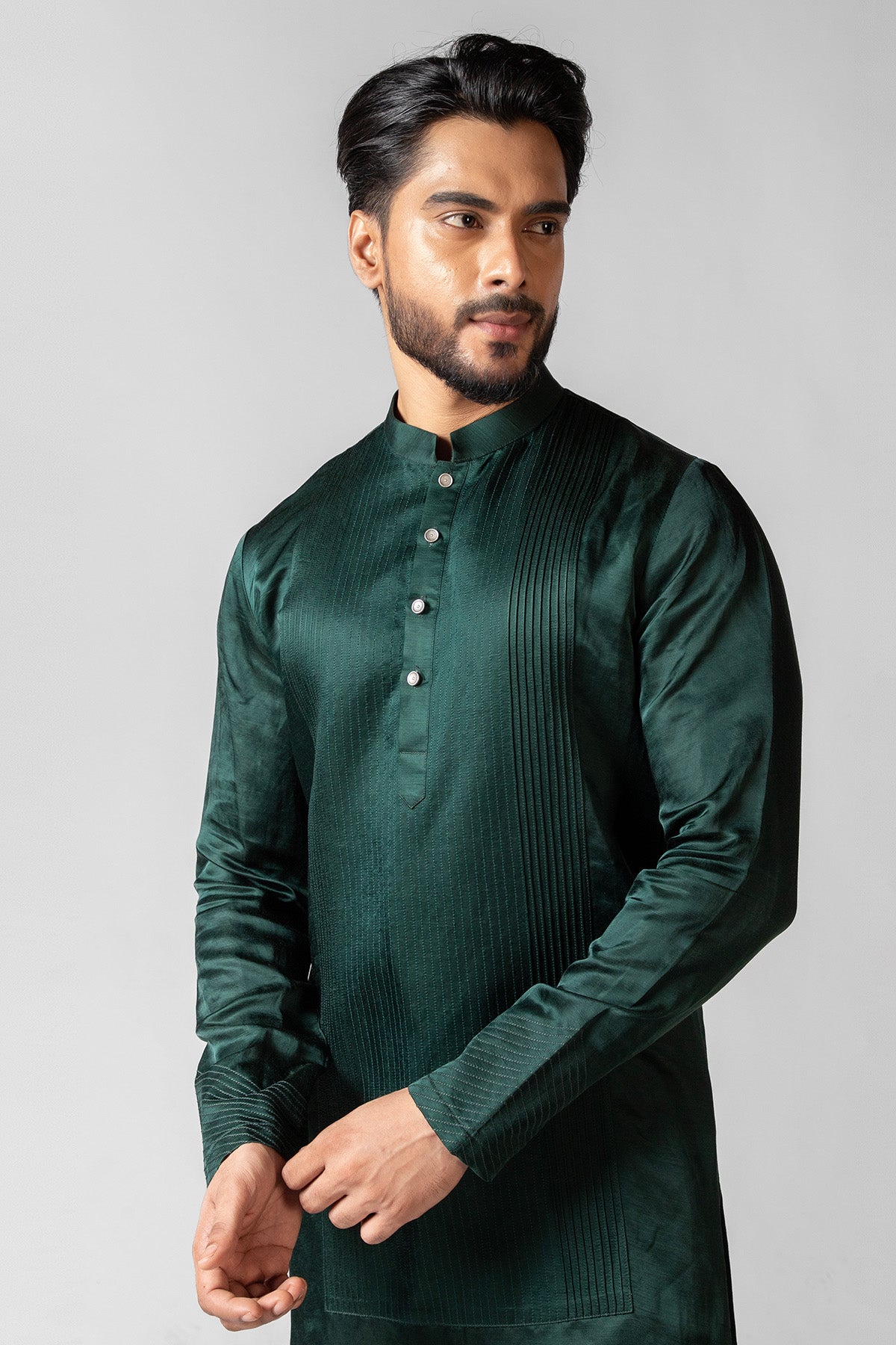 Green Linen Pintuck Kurta Set