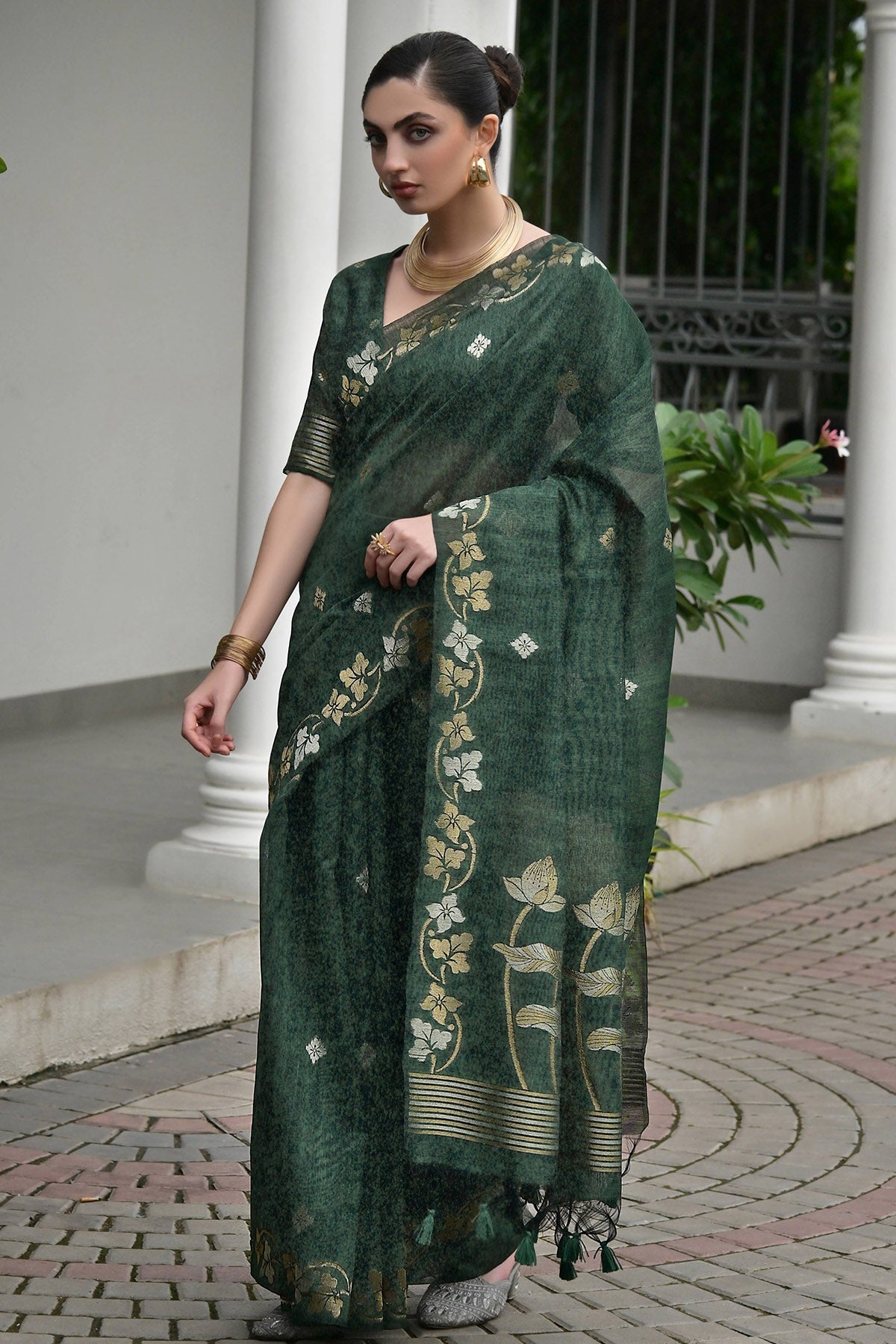 Buy Green Linen Silk Woven Saree for women by Lili Lala Designer online available at scrollnshops