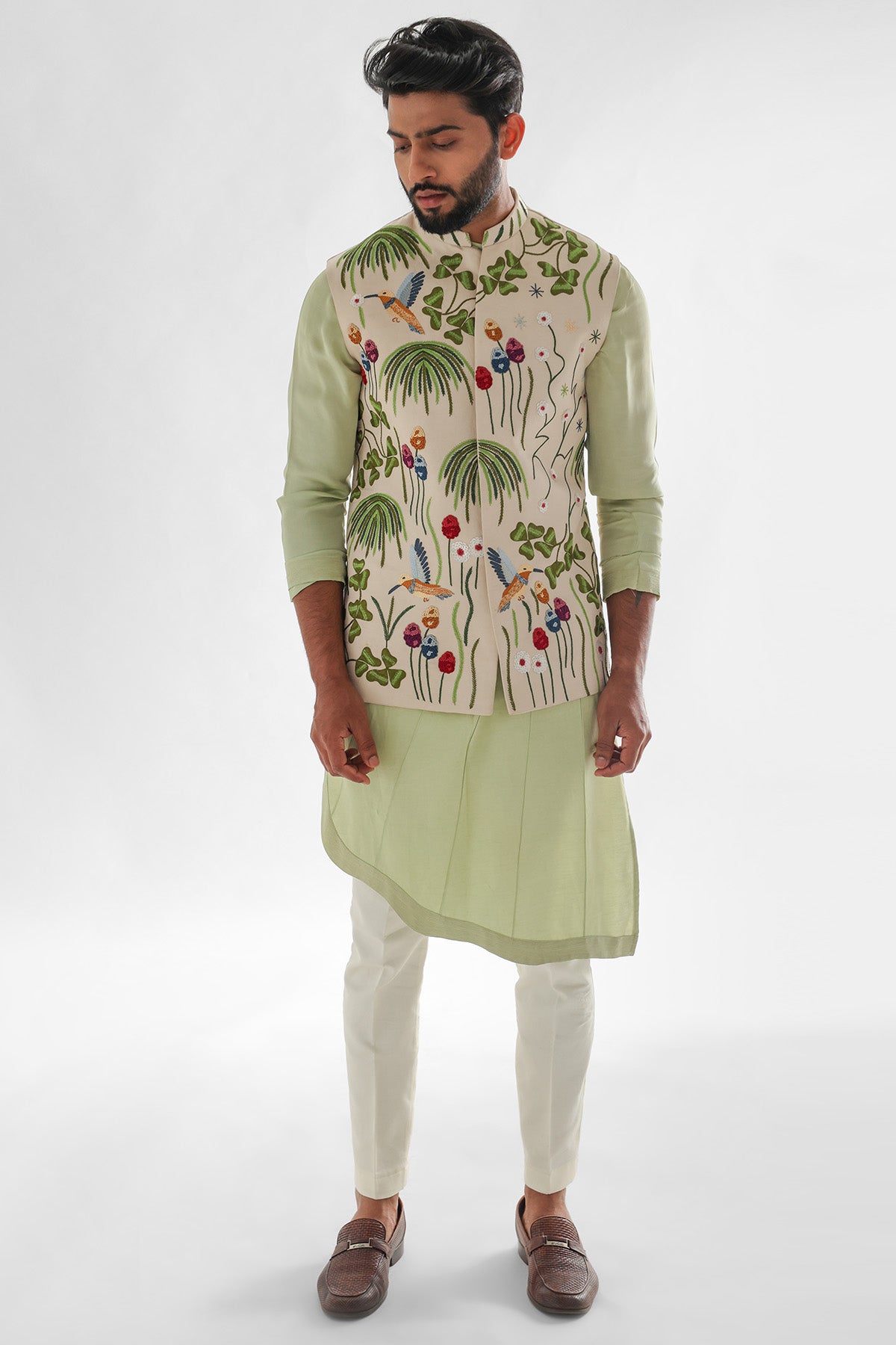 Green Linen Thread Kurta Set
