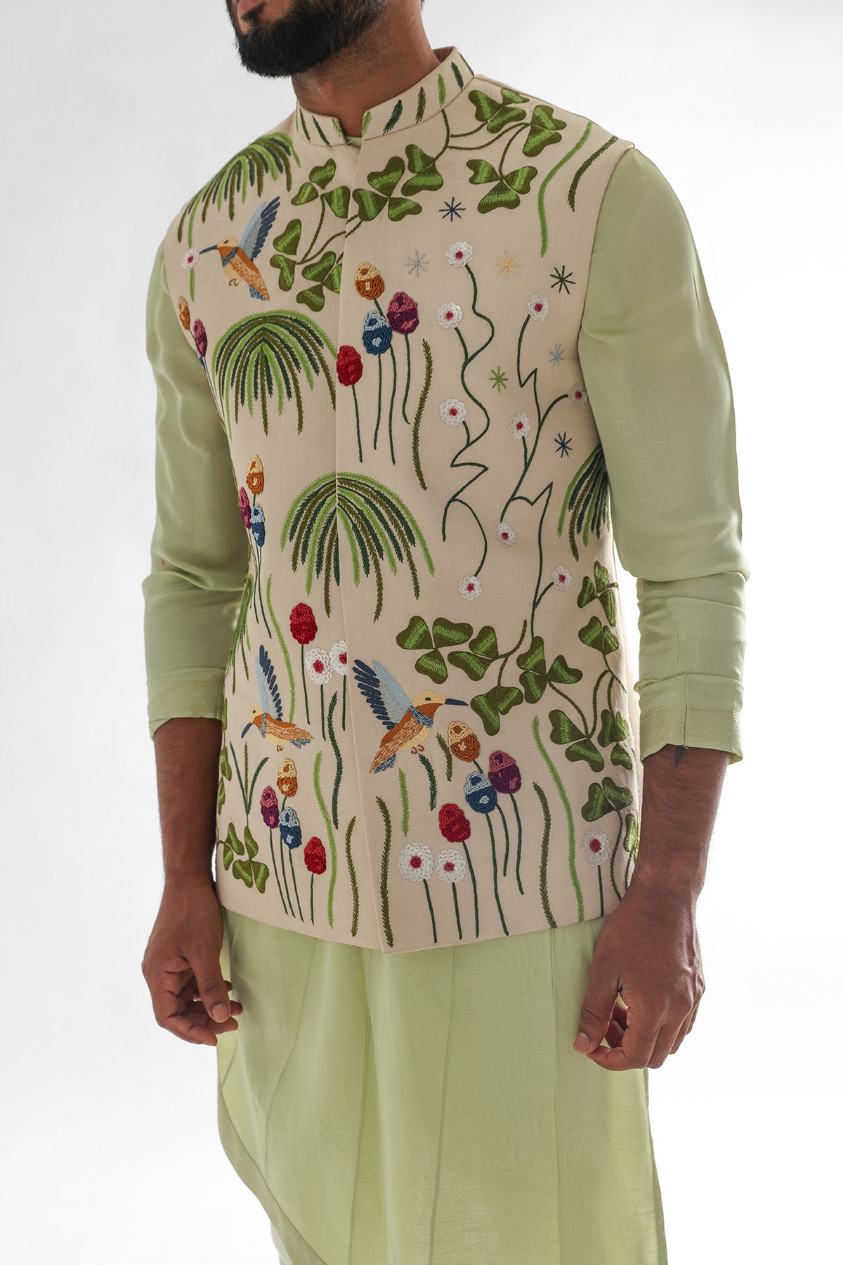 Green Linen Thread Kurta Set