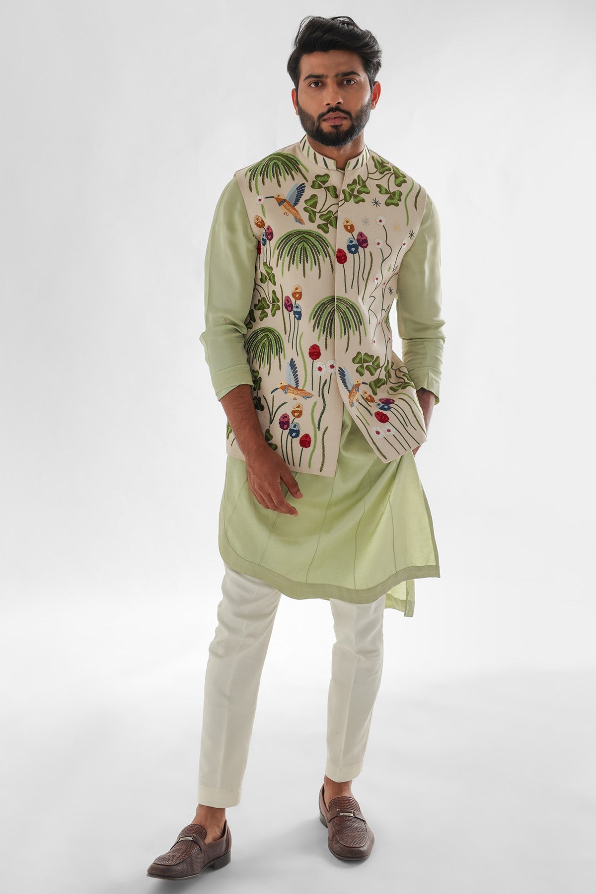 Buy Green Linen Thread Kurta Set for men by Paarsh Atelier online available at scrollnshops