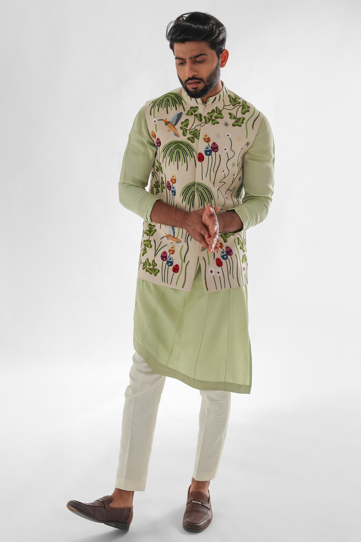 Green Linen Thread Kurta Set