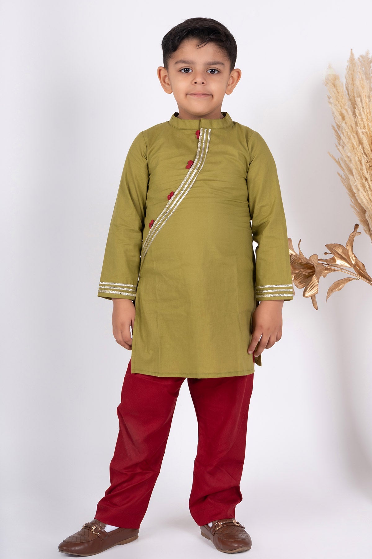 Buy Green & Maroon Cotton Kurta Set by ViYa for Boys online at ScrollnShops