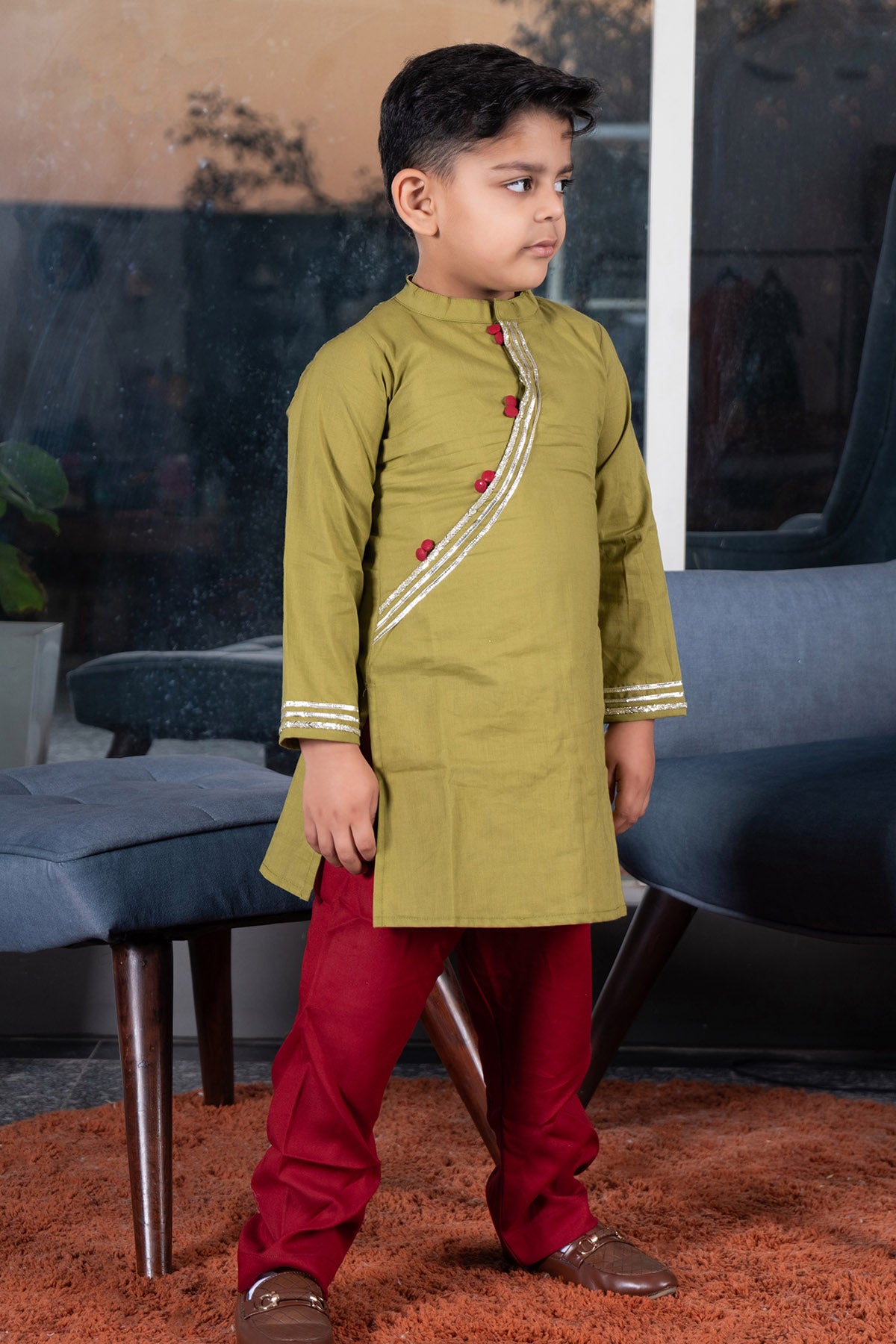 Green & Maroon Cotton Kurta Set