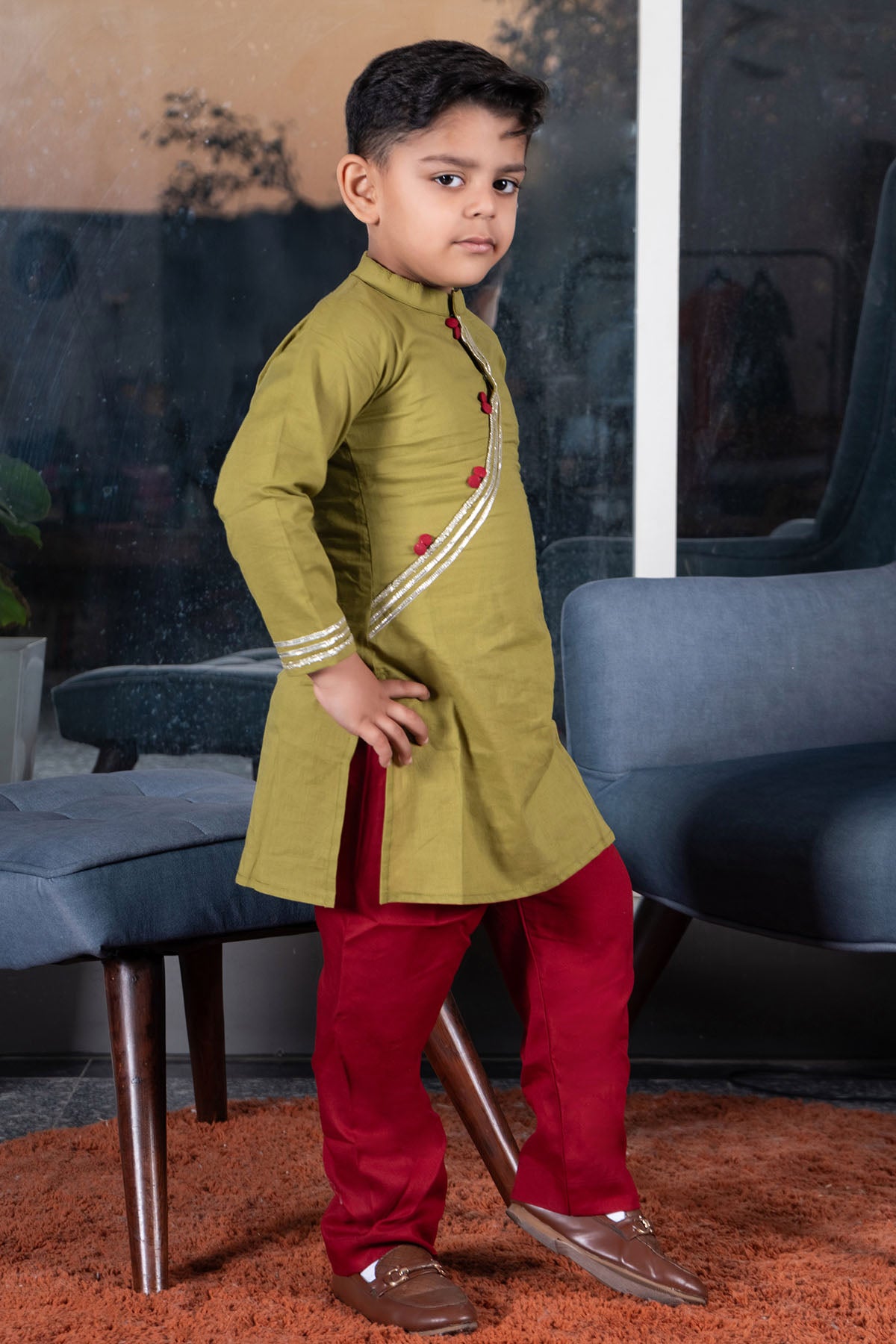 Green & Maroon Cotton Kurta Set