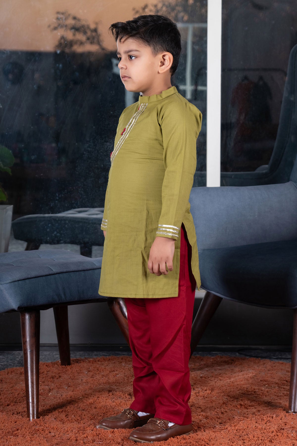 Green & Maroon Cotton Kurta Set